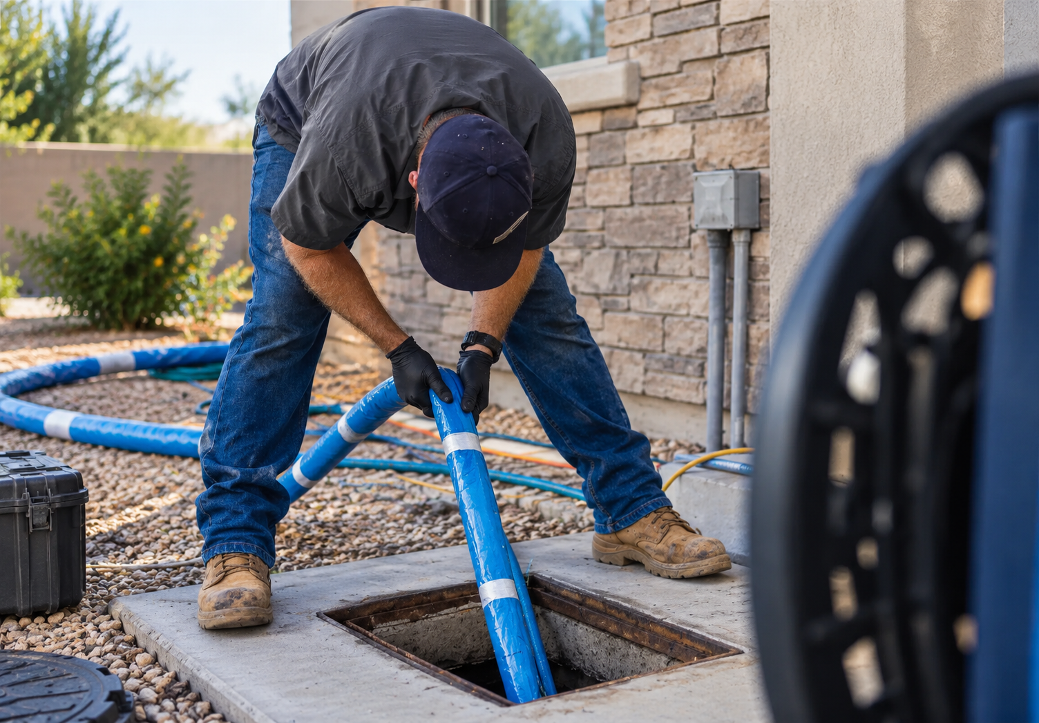 Arizona Compliant LLC technician accessing underground sewer line for CCTV inspection Phoenix AZ