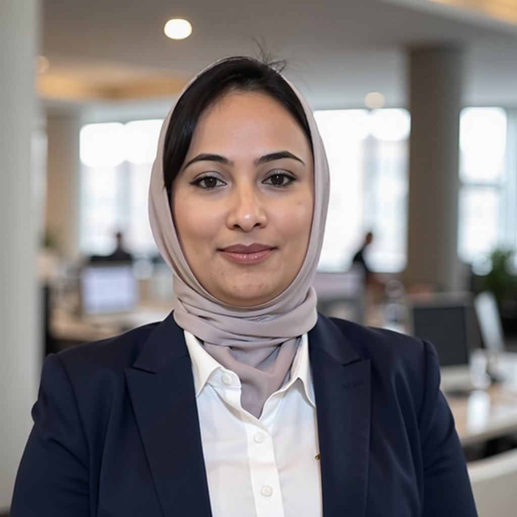 A professional woman wearing a light-colored hijab, white blouse, and dark blazer, standing in an office environment with large windows and blurred background.