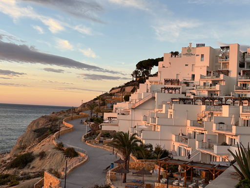 A seaside hillside with white apartment buildings, a winding pathway, and palm trees at sunset.