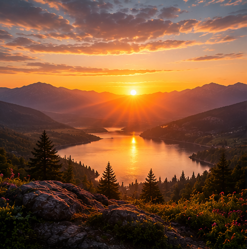 Sunset over a mountain lake with trees in the foreground and mountains in the background.