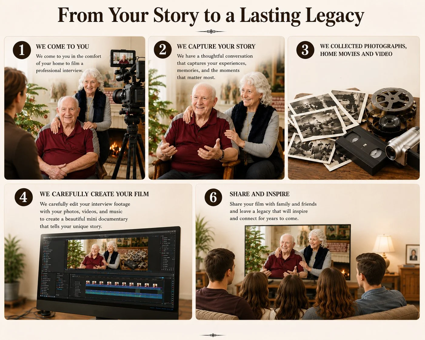 Infographic titled "From Your Story to a Lasting Legacy" with six steps: 1. We come to you, showing a woman filming an interview with an elderly man and woman in a cozy living room decorated for Christmas. 2. We capture your story, with an elderly man and woman smiling during a conversation. 3. We collected photographs, home movies, and video, displaying a collection of photos, film reels, and a video camera. 4. We carefully create your film, with a computer screen showing video editing software with footage of the elderly couple. 5. (not visible in the provided description) 6. Share and inspire, showing a young family watching a video of the elderly couple on a large screen, in the same decorated living room.