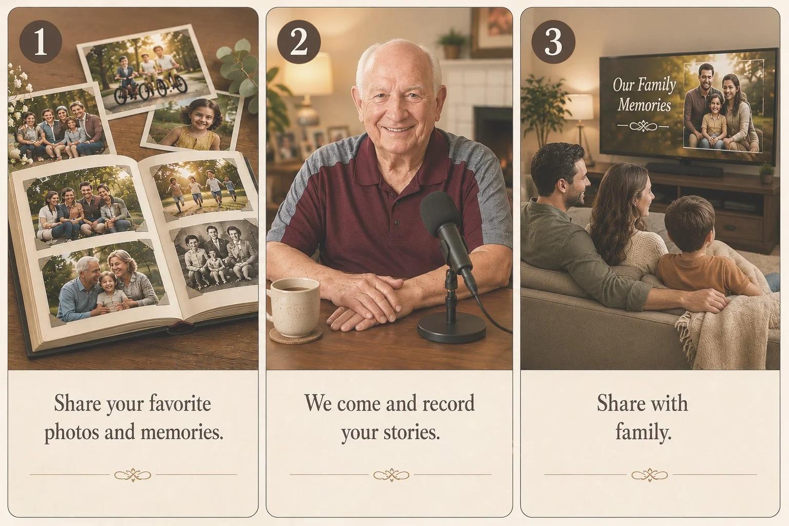 Three panels showing family photos, a man recording stories with a microphone, and a family watching a slideshow of their photos on TV, with text encouraging sharing photos, recording stories, and sharing with family.