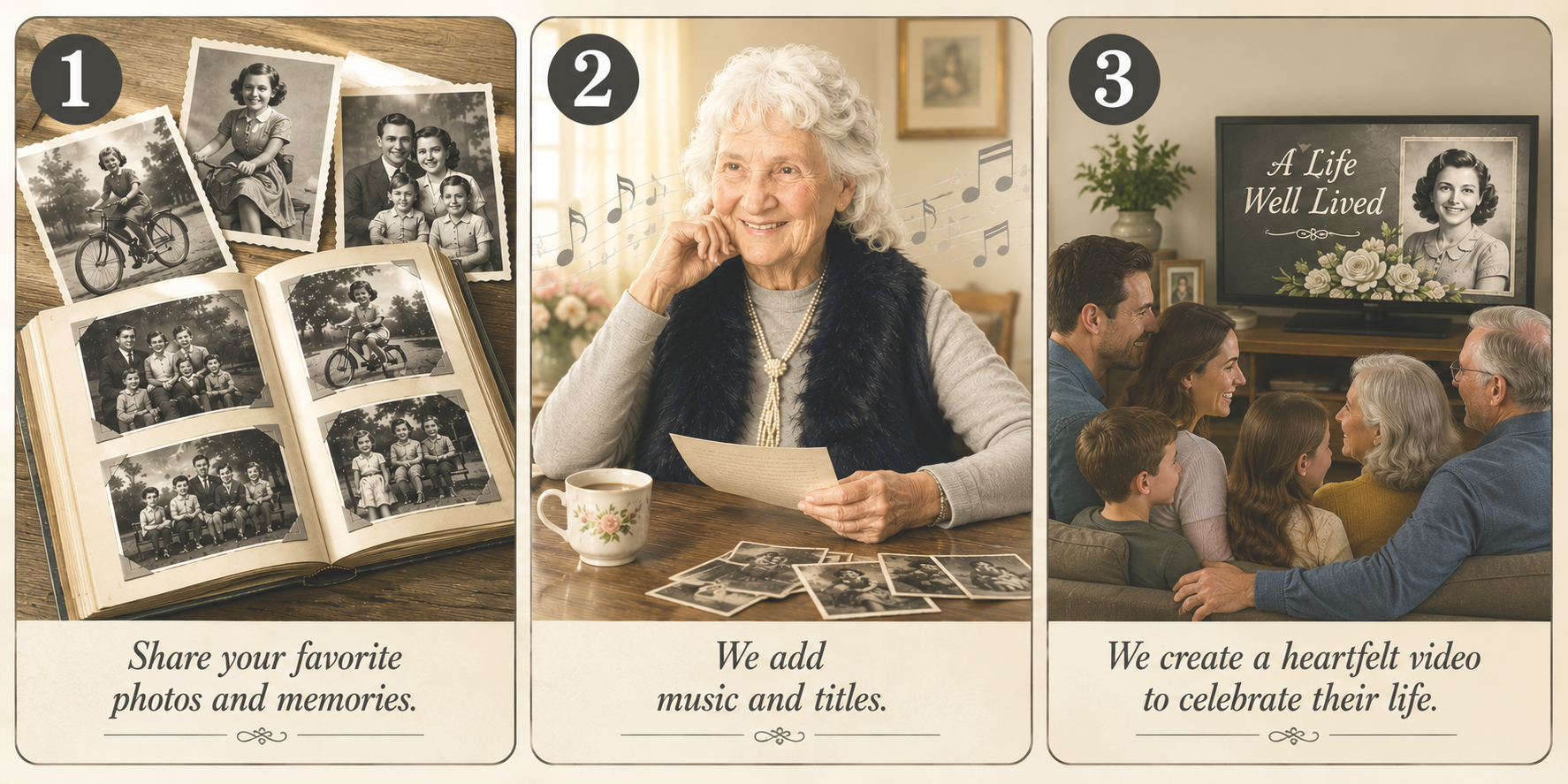 Three-step process for creating a life story video: 1. Share favorite photos and memories, shown with black-and-white childhood photos and an open photo album. 2. Add music and titles, depicted by an elderly woman smiling at a table with photos and a cup of tea. 3. Create a heartfelt video, illustrated by a family gathered on a couch watching a TV screen displaying a woman with flowers and the text "A Life Well Lived."