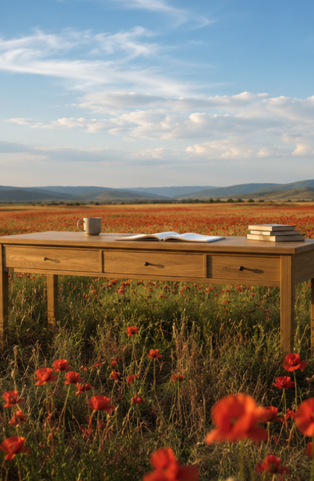 a clean desk surface holding some books and a mug, standing in a poppy field with mountains in the distance.