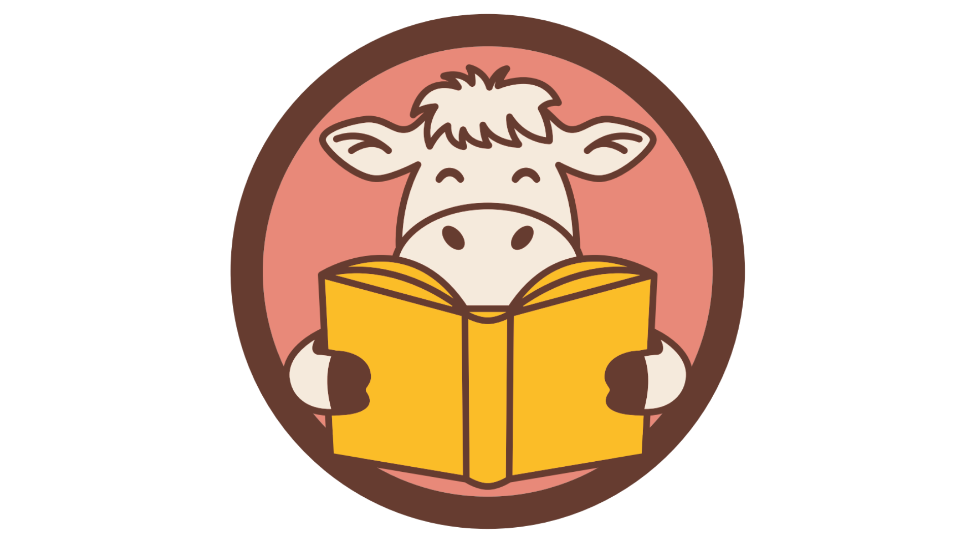 Cartoon image of a cow holding open a yellow book inside a circular frame with a pink background. Logo for Little Moo Stories, a book series written by Katherine Bliss about the herd at Bliss Ranch in Central Coast, CA.