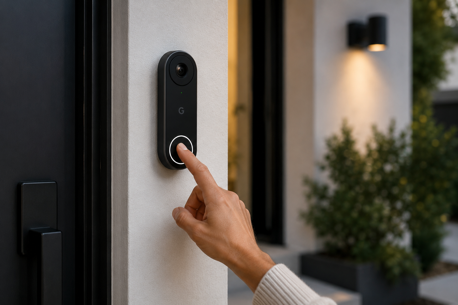 A person pressing the button on a modern doorbell with a camera, mounted on a white exterior wall near a black door
