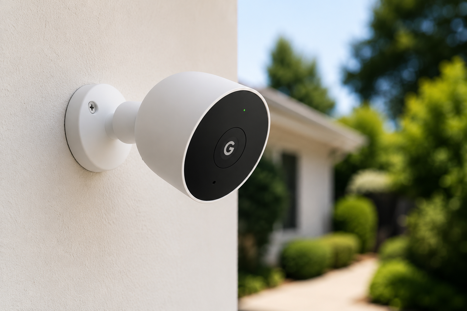 Google Nest security camera mounted on a beige house exterior wall with trees and a walkway in the background.