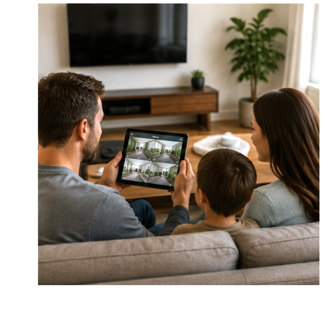 A family of three sitting on a beige couch in a living room, watching a tablet showing the feed from multiple security cameras.