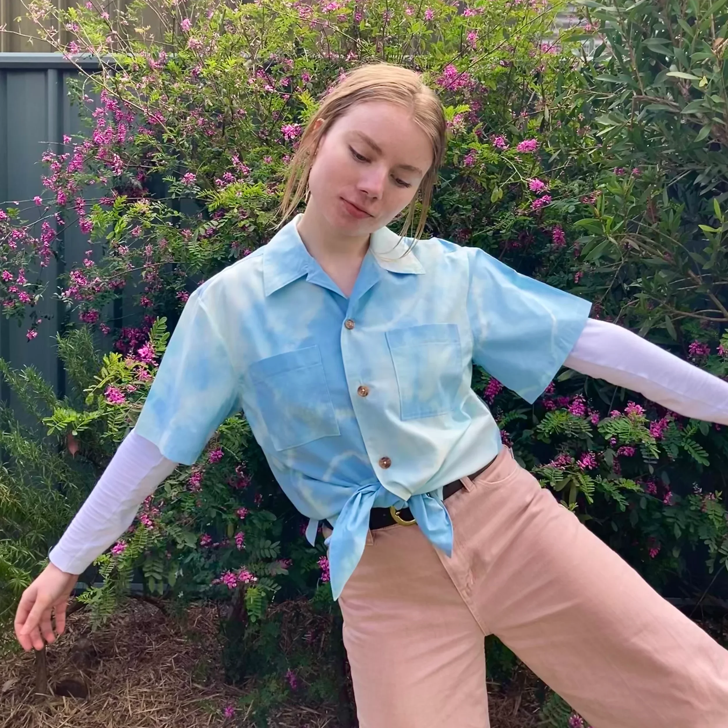 blue tie-dyed casual button up shirt