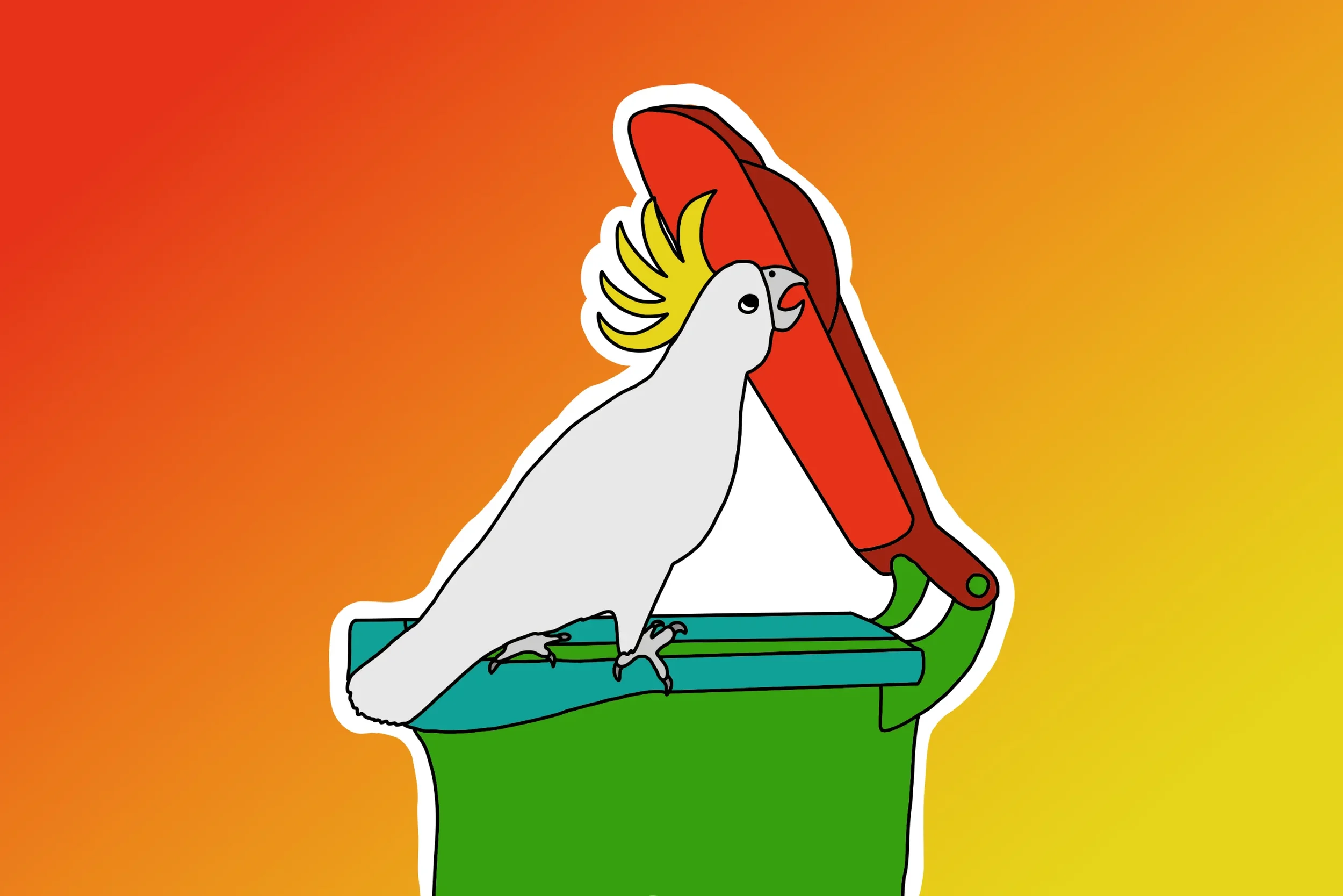 Cockatoo opening a garbage bin with its beak
