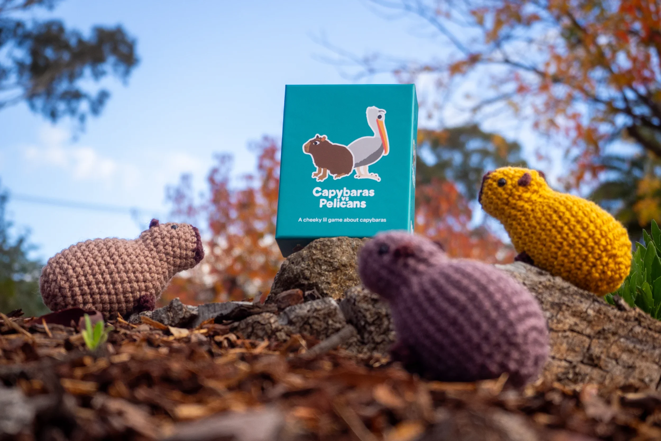 Crochet capybaras look at the Capybaras vs Pelicans board game