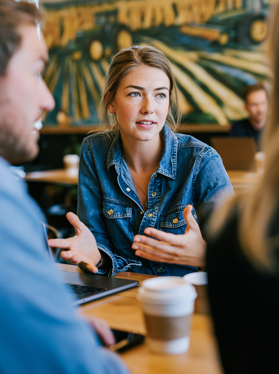 Young woman in a denim shirt gesturing while talking to other professionals in a cafe.