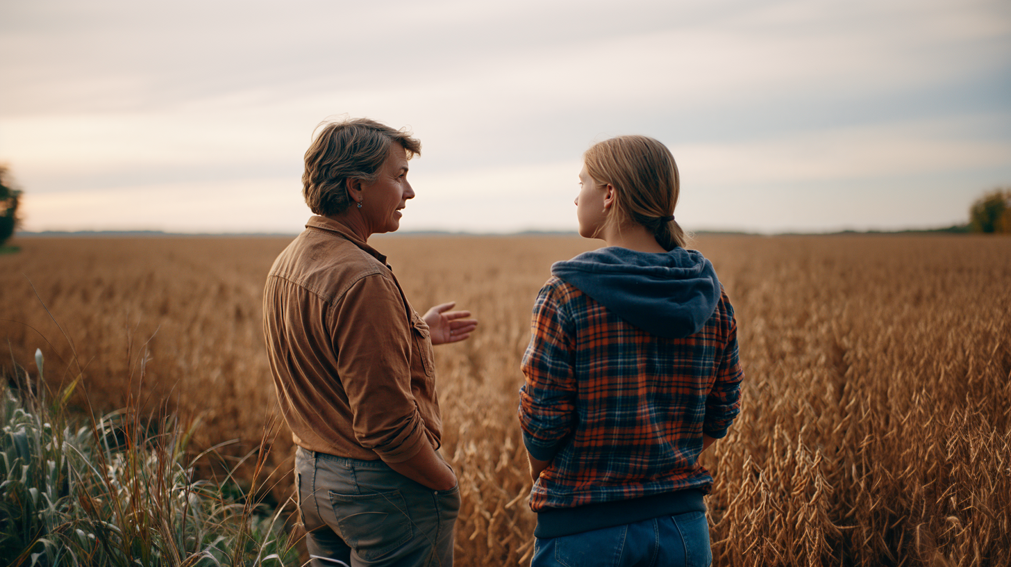 An experienced farmer and a young woman talk in a soybean field at dusk