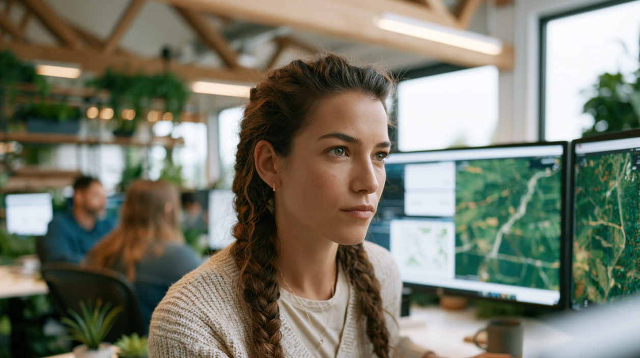 A young woman studies satellite crop maps at dual monitors in an office.