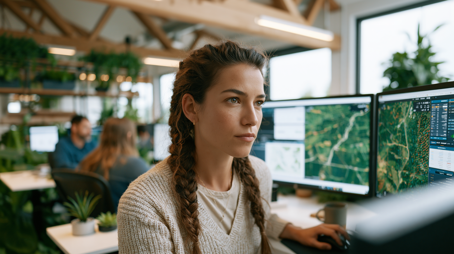 A woman with braided hair working at a desk with multiple monitors in an office with green plants and large windows.