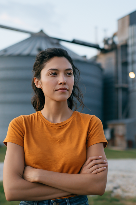 A woman with wavy dark hair in a ponytail, wearing an orange t-shirt, standing outdoors with her arms crossed, in front of a metallic building and a cloudy sky.