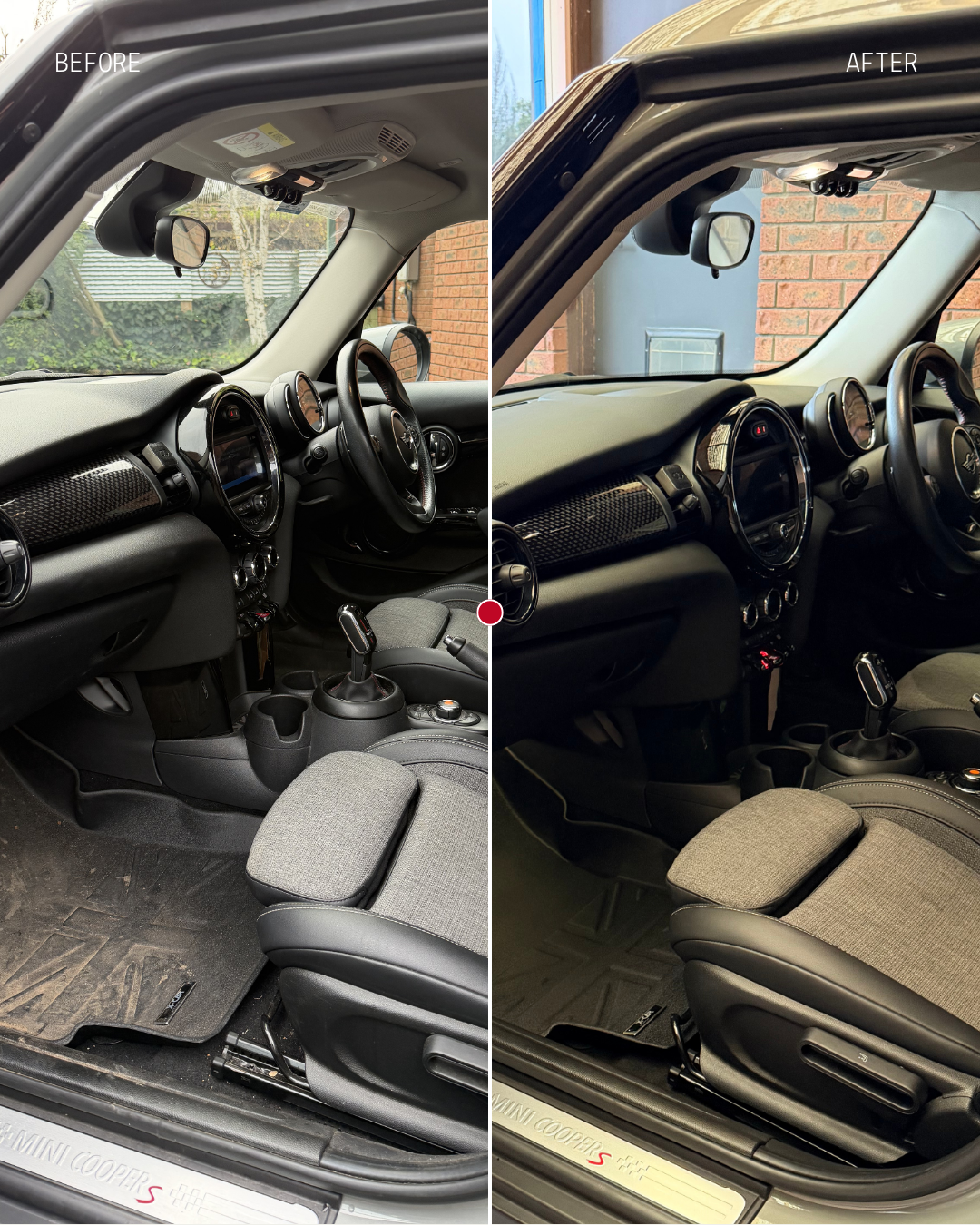 Comparison of the interior of a Mini Cooper S with the dashboard, steering wheel, and seats, footwell, and door sill with Mini Cooper S logo.
