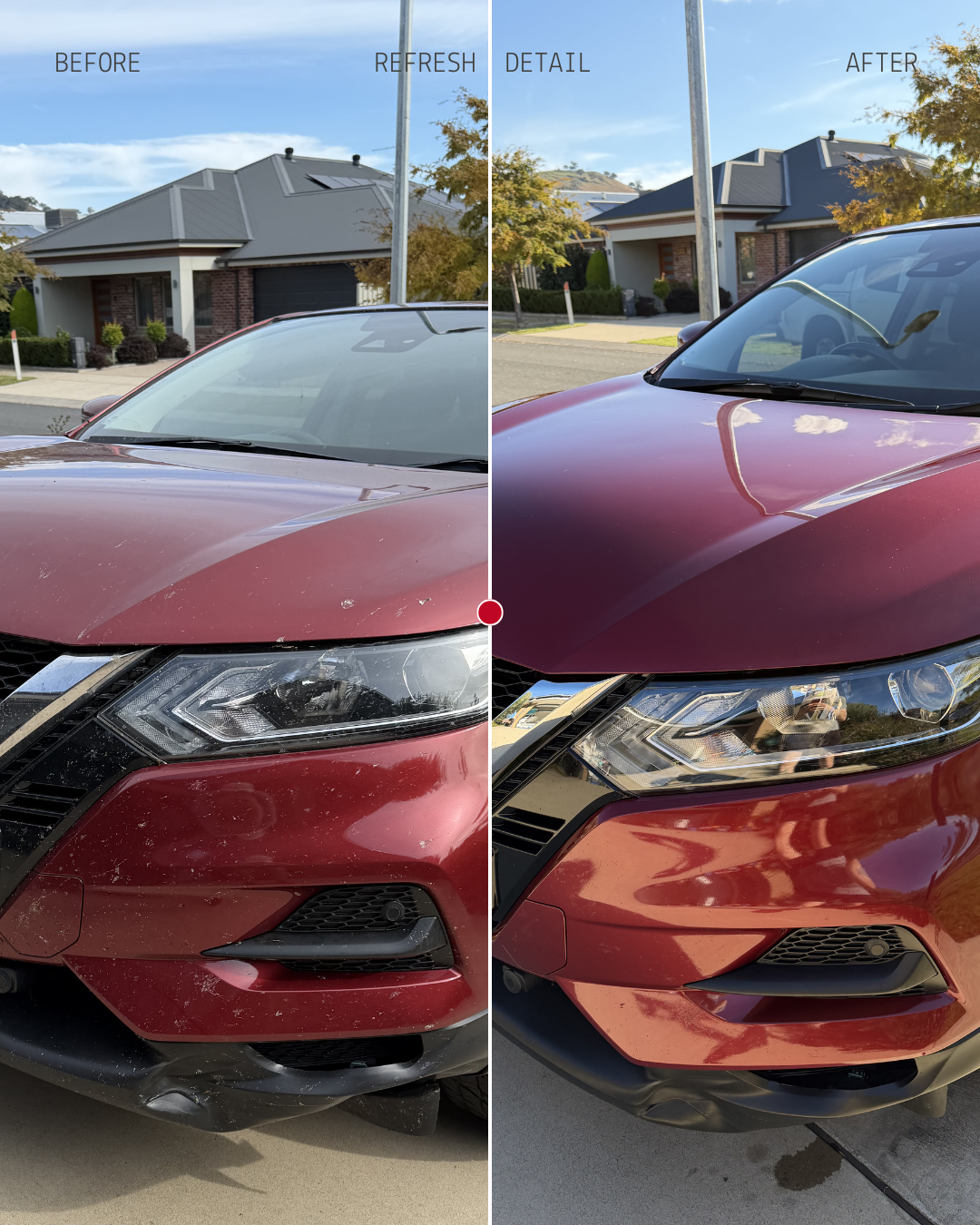 Before and after exterior detail of a red car, showing the bonnet, headlight and front bumper cleaned for a brighter, more polished finish.