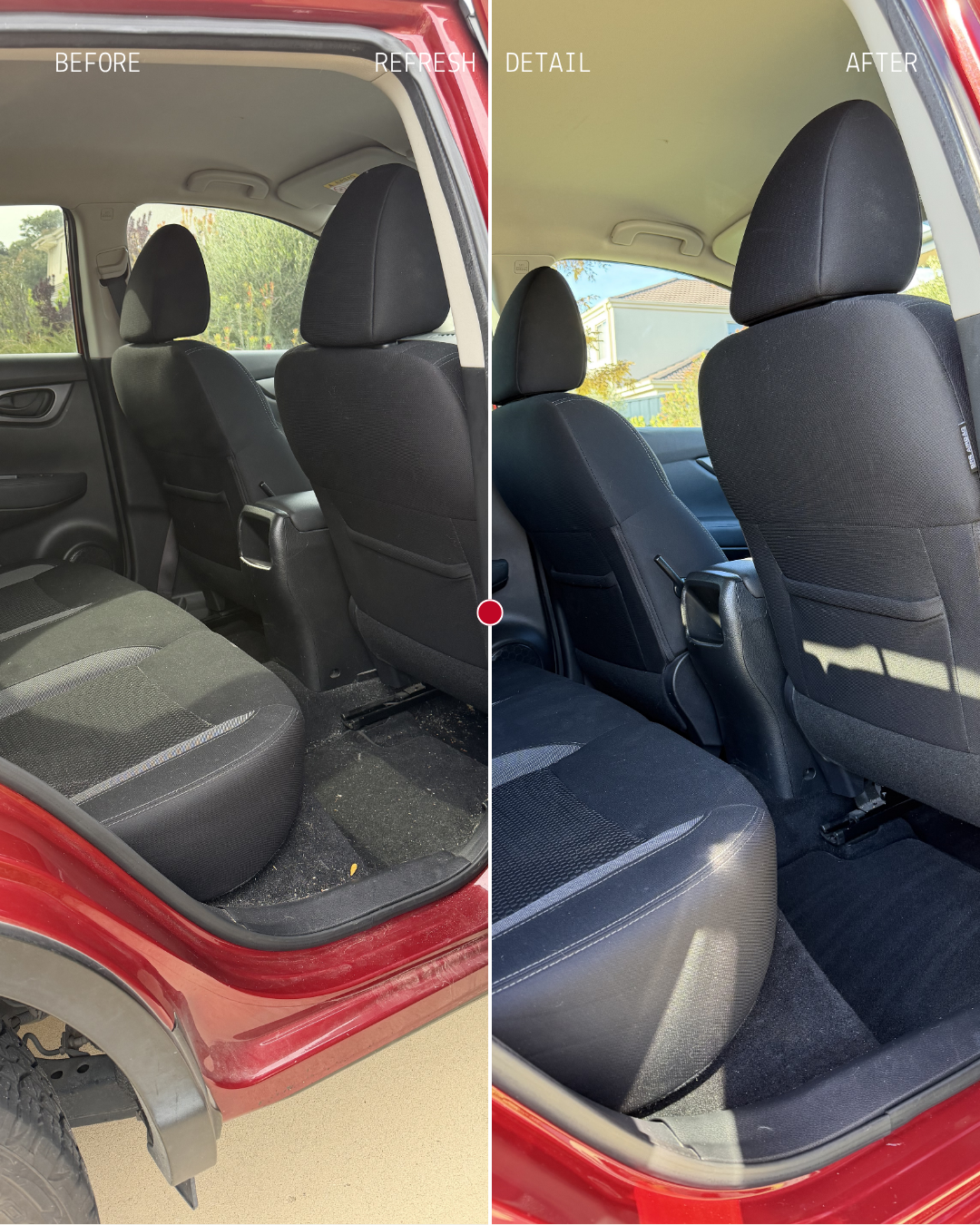 Side-by-side comparison of the back seat area of a red car, showing before and after cleaning. The before image shows dirt and debris on the seat and floor, while the after image shows a clean, vacuumed interior.
