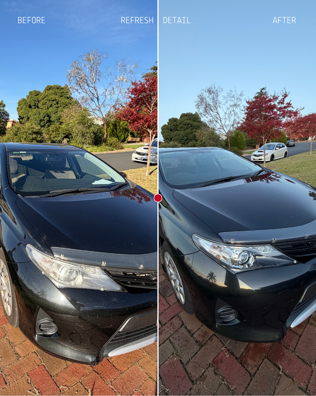 Comparison of a black car before and after cleaning, showing the removal of dirt and dust from the car's surface.