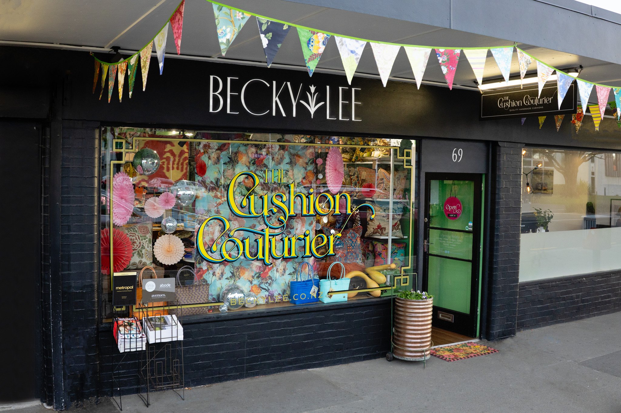 Storefront of Becky Lee Cushion Couturier in St Albans, photographed by Christchurch commercial photographer Anna Easton of One Velvet Morning Photography.