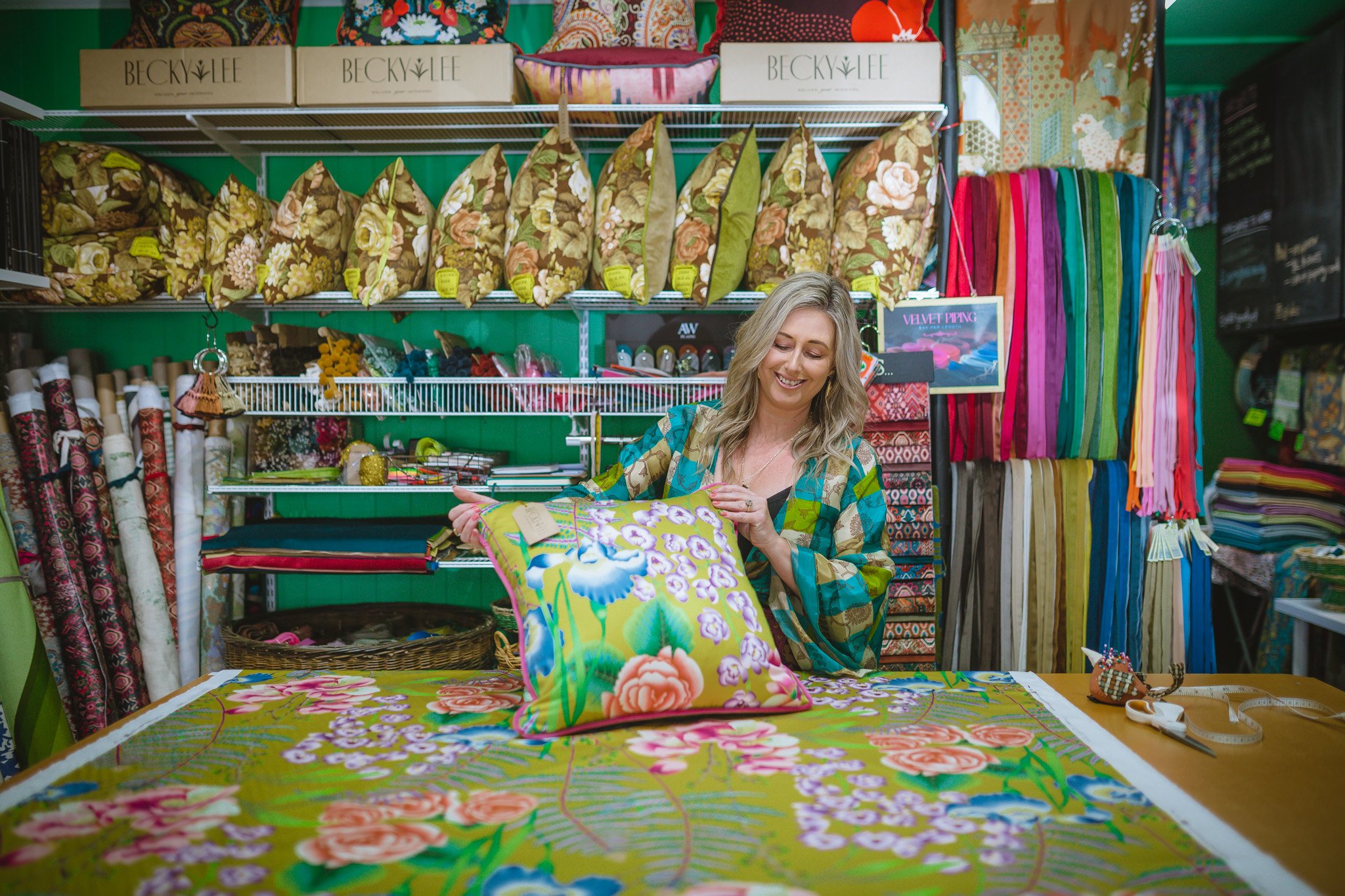 Storefront of Becky Lee Cushion Couturier in St Albans, photographed by Christchurch commercial photographer Anna Easton of One Velvet Morning Photography.