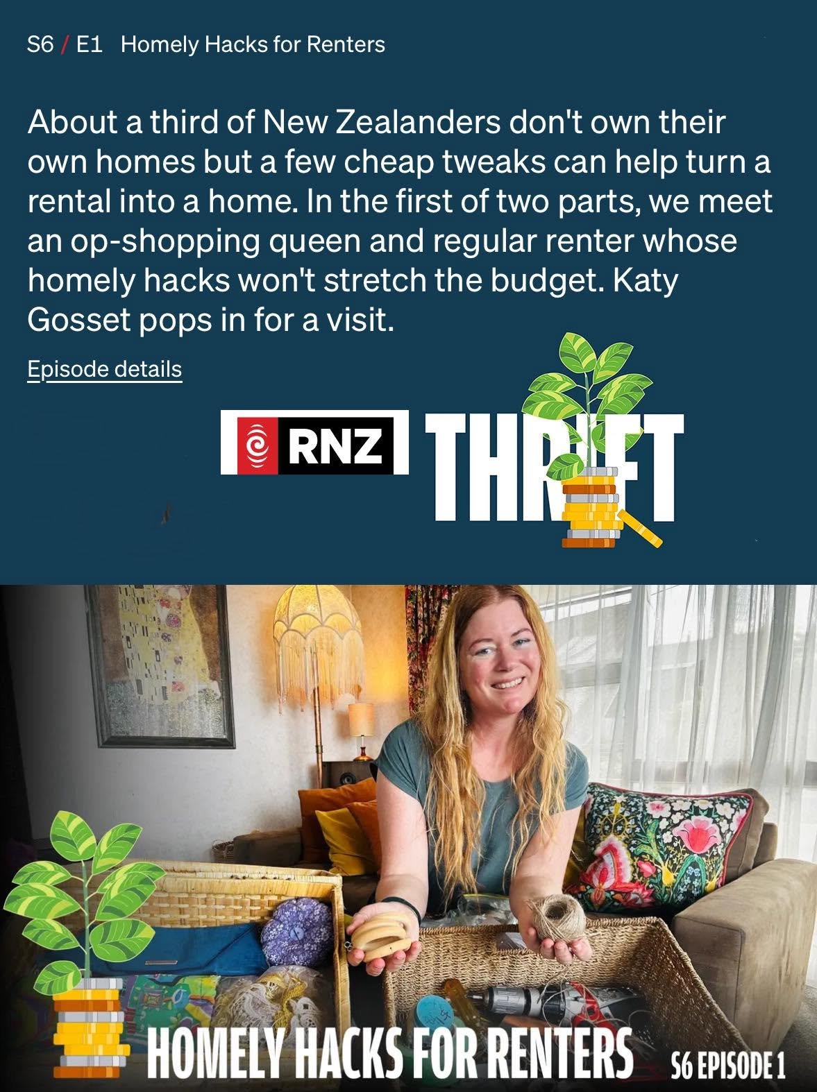 She Hunts Op Shops featured by RNZ and journalist Katy Gosset, discussing op shopping, secondhand living, sustainable choices, and thrifting in New Zealand.