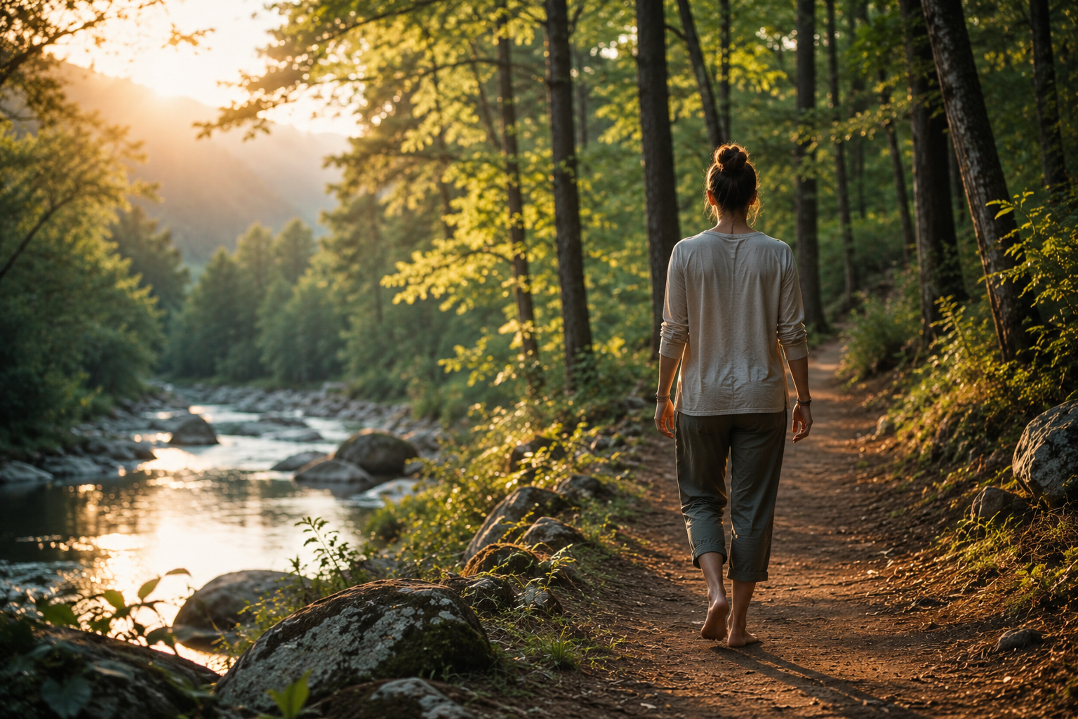 A person walking barefoot on a dirt trail alongside a river in a forest during sunset.