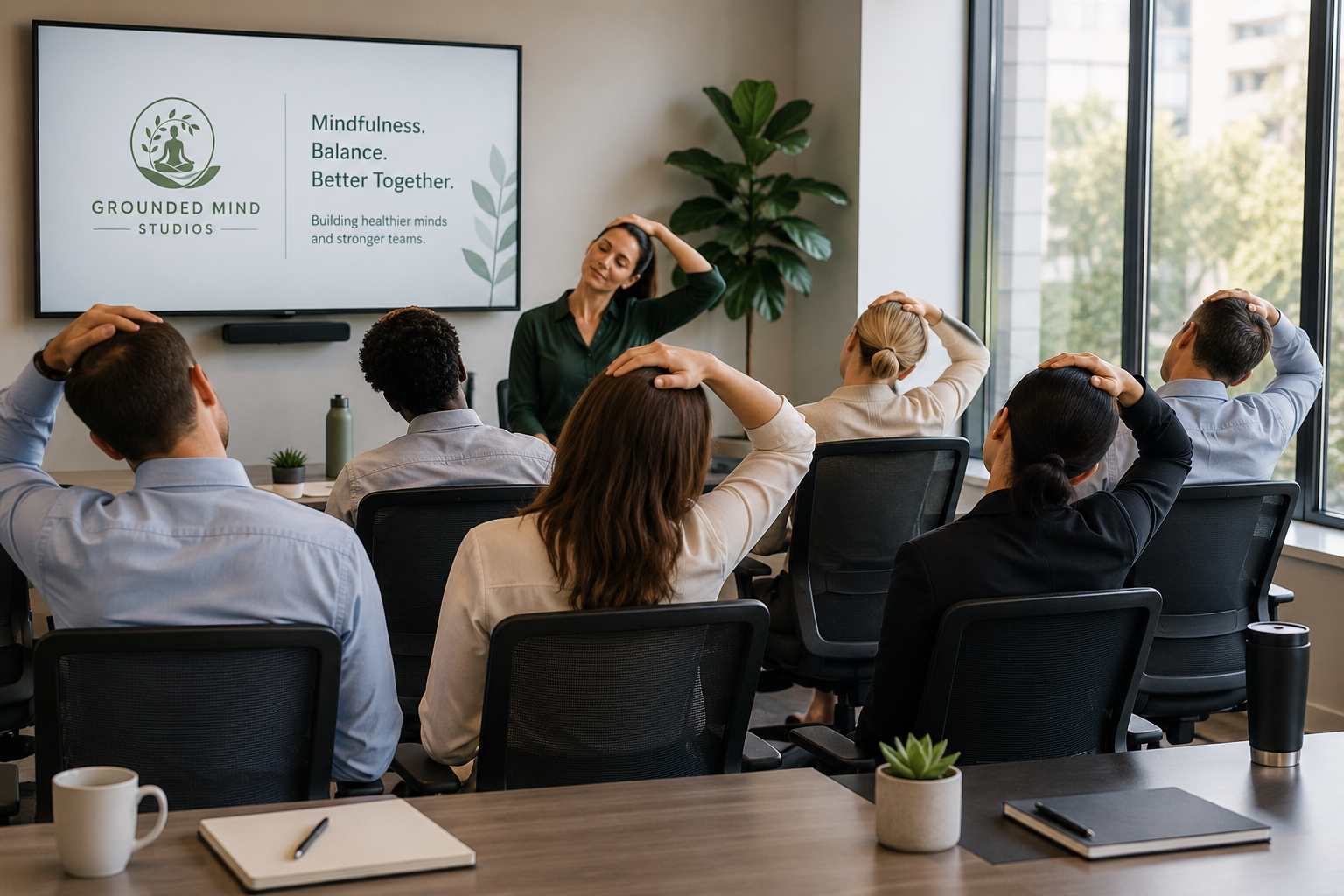 A group of six people attending a mindfulness class in a conference room with large windows, led by an instructor, all practicing a stretching exercise.