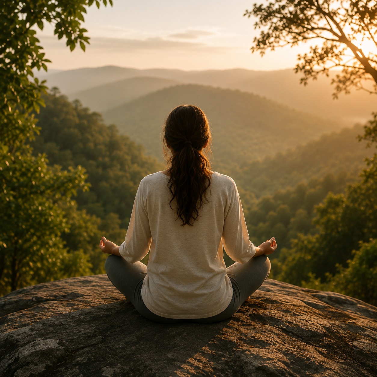 A woman practicing yoga or meditating on a rock during sunrise with mountains and trees in the background.