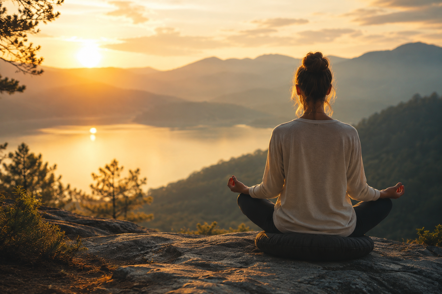 A person meditating in a seated cross-legged position on a cushion on a rocky surface, overlooking a body of water and mountain range during sunset.