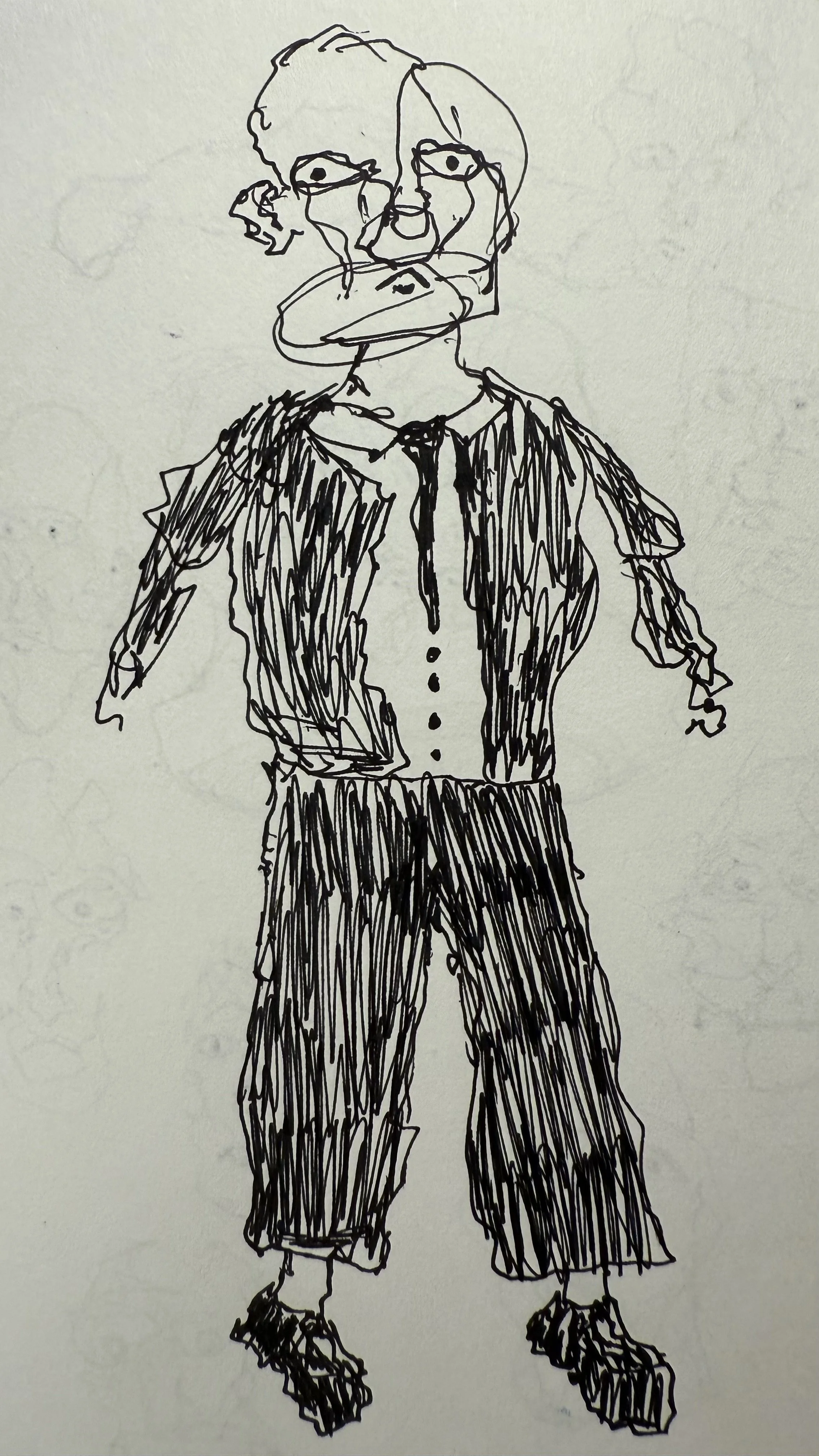 A line drawing of a person with short hair, wearing glasses, a blazer, and wide-legged pants, standing with their hands behind their back.