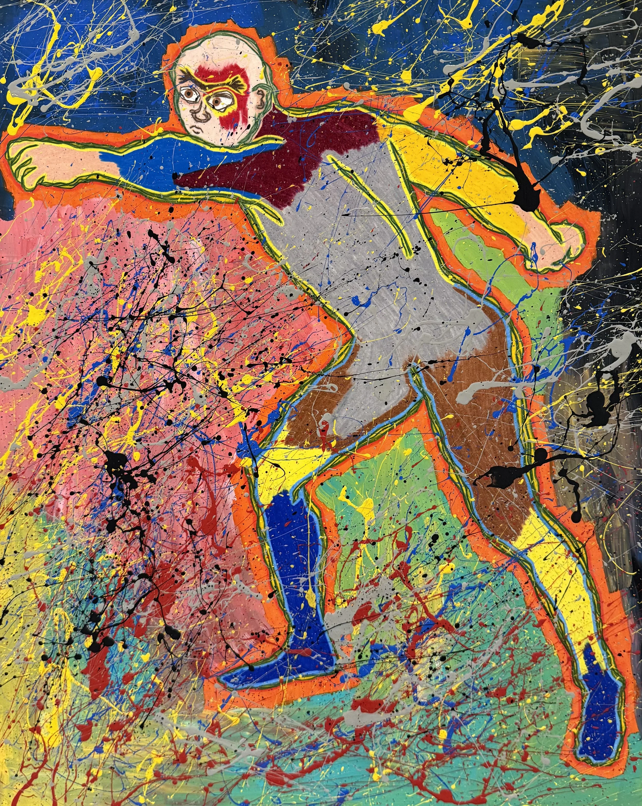 An abstract expressionist painting featuring a figure in a superhero pose with a splash of vibrant colors and chaotic paint splatters all around.