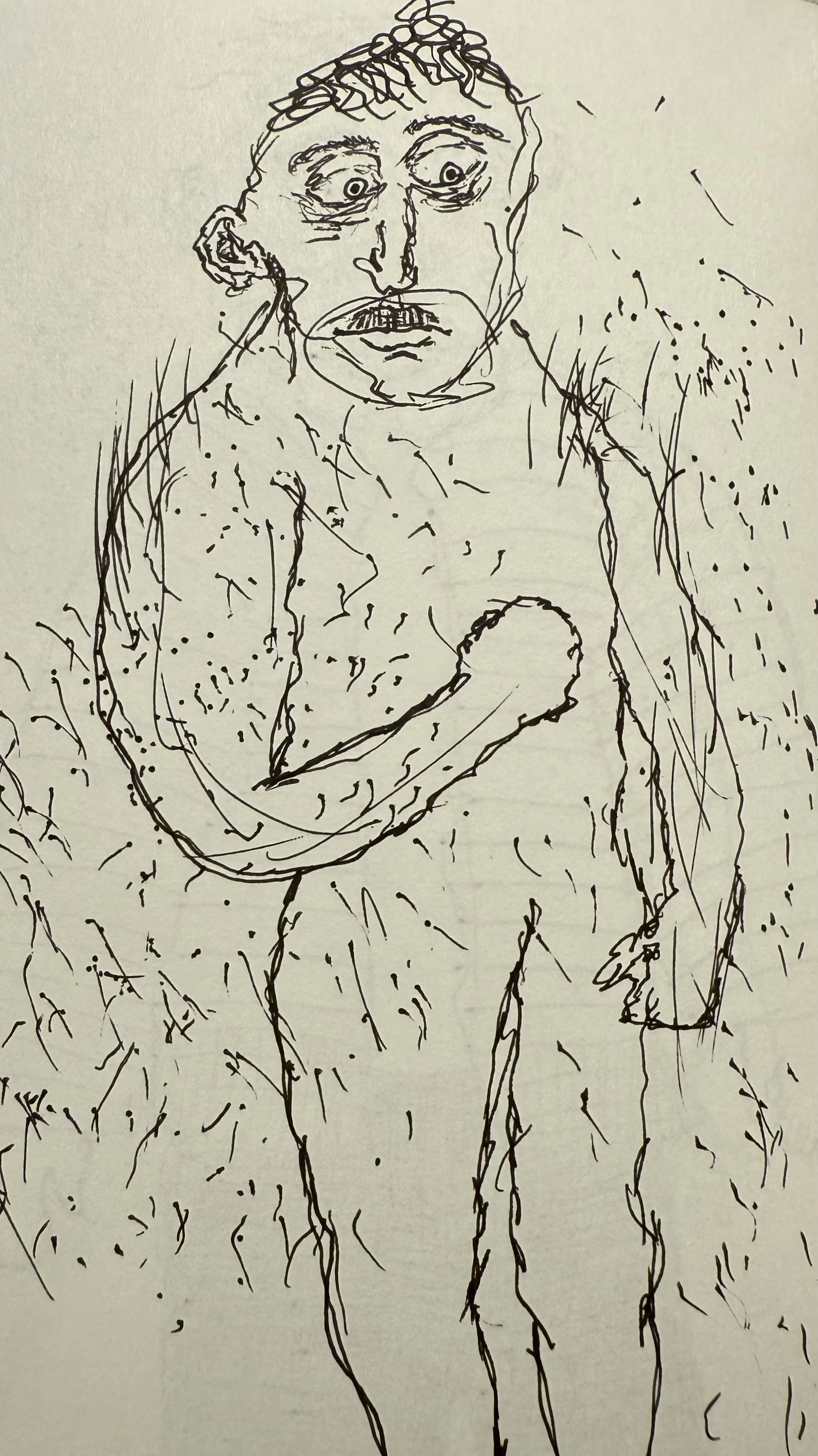 A sketch of a surprised man with messy curly hair, wide eyes, and an open mouth, standing with one arm bent and hand near his face.