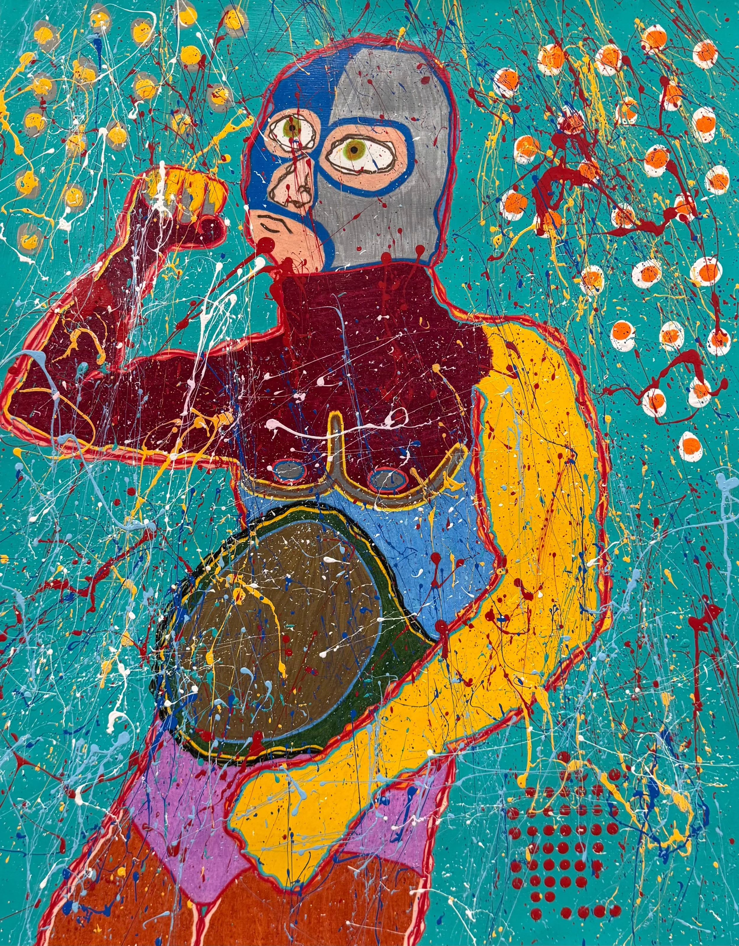 Abstract artwork featuring a central figure with a mask, painted with bold colors and splattered paint, surrounded by a vibrant background of turquoise with dots and splashes of yellow, white, red, blue, purple, and orange.