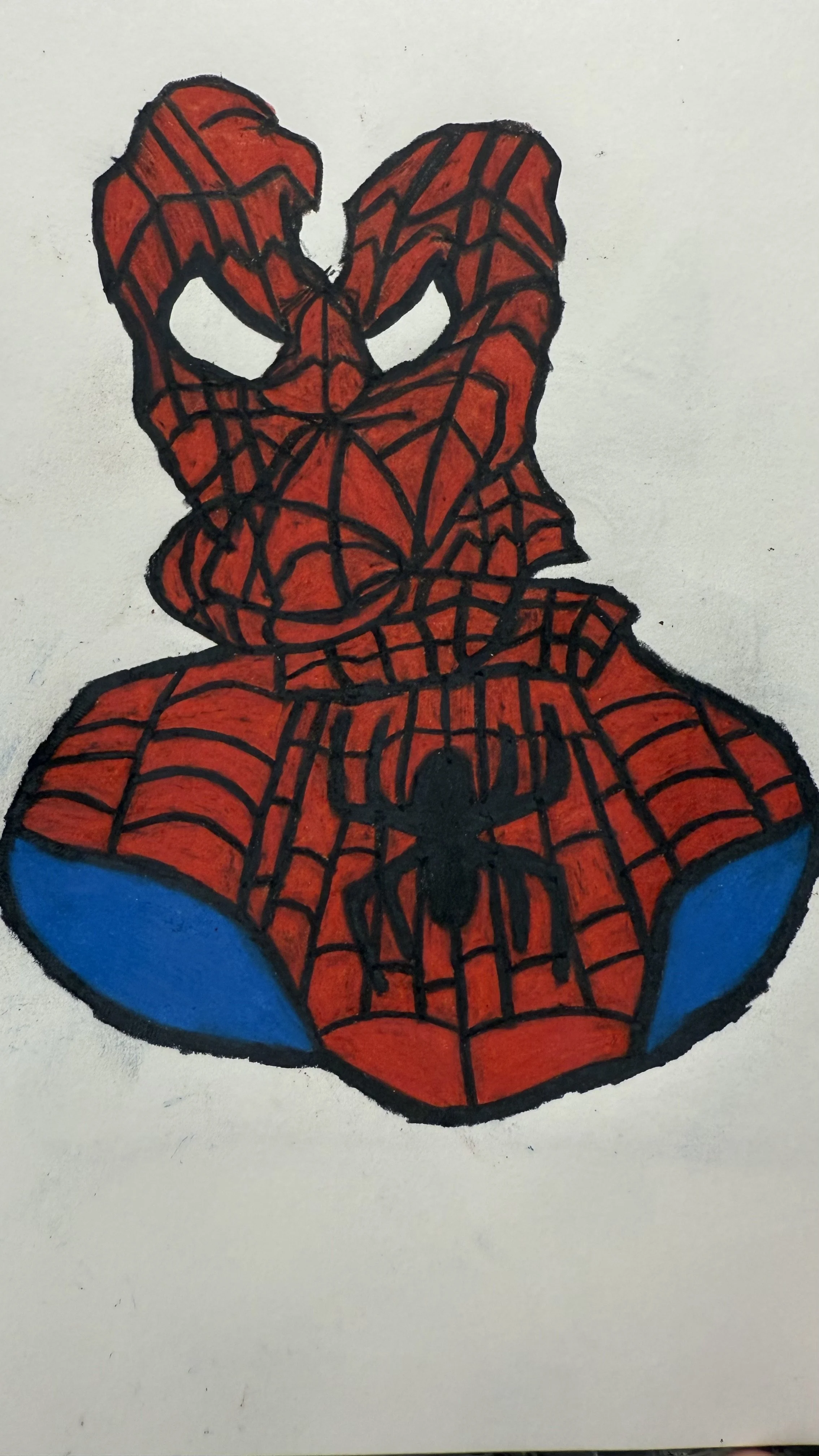 Drawing of Spider-Man in his iconic red and blue costume with black web patterns.