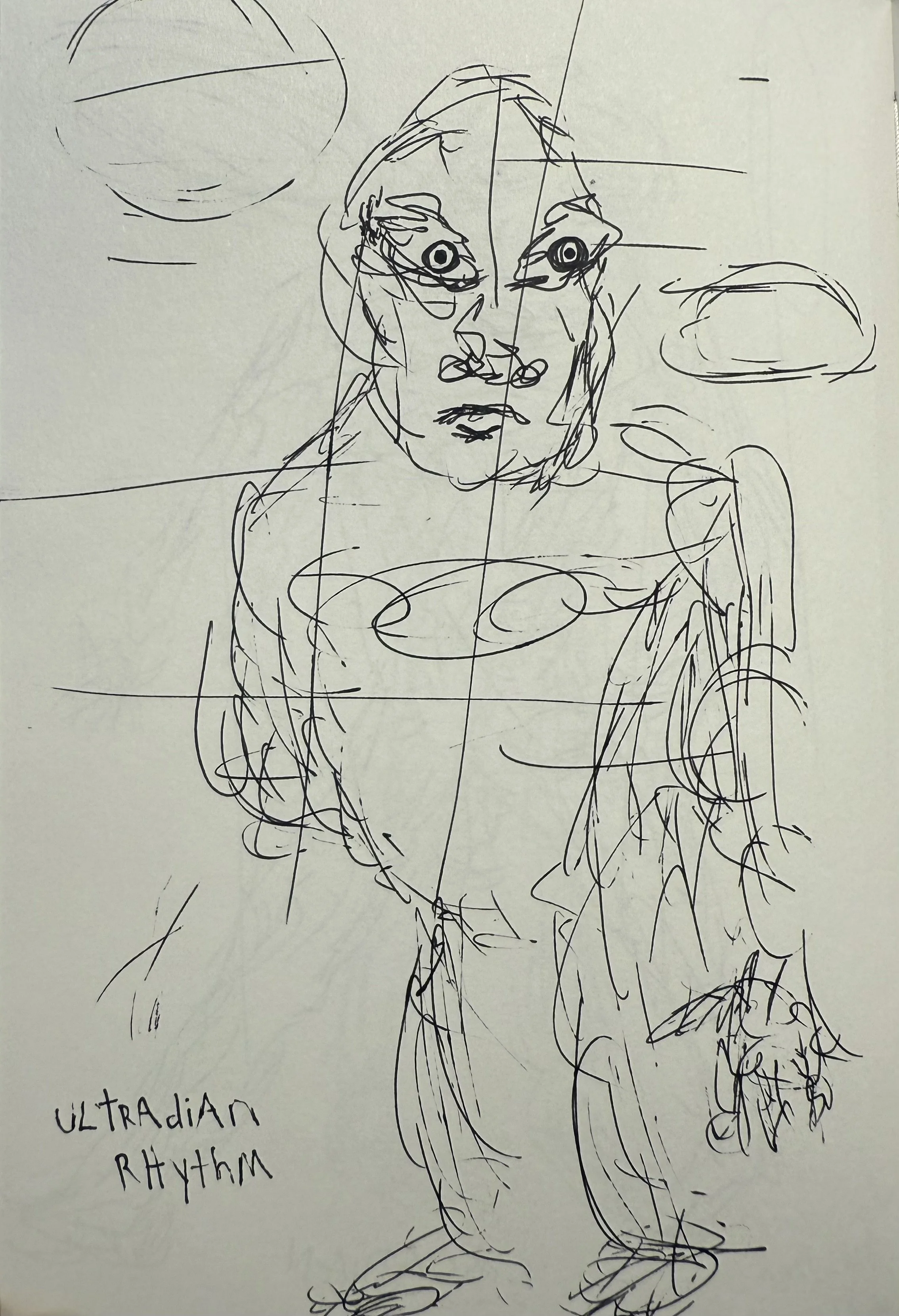 Line drawing of a person with large eyes, disheveled hair, and loose clothing, surrounded by clouds, with the words 'Ultradian Rhythm' written at the bottom.