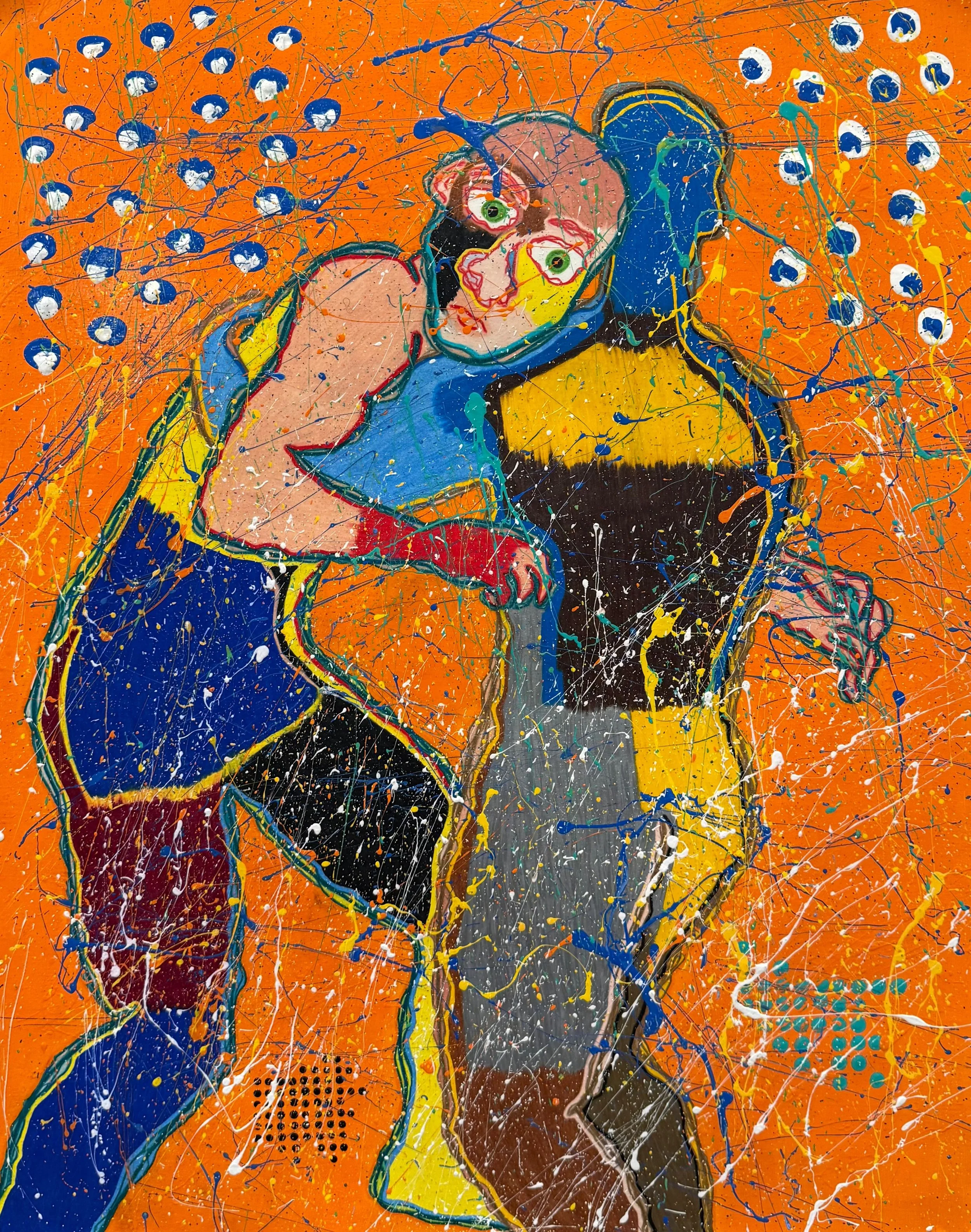 A colorful abstract painting of two people, one with glasses, on an orange background with splattered paint and dotted patterns.