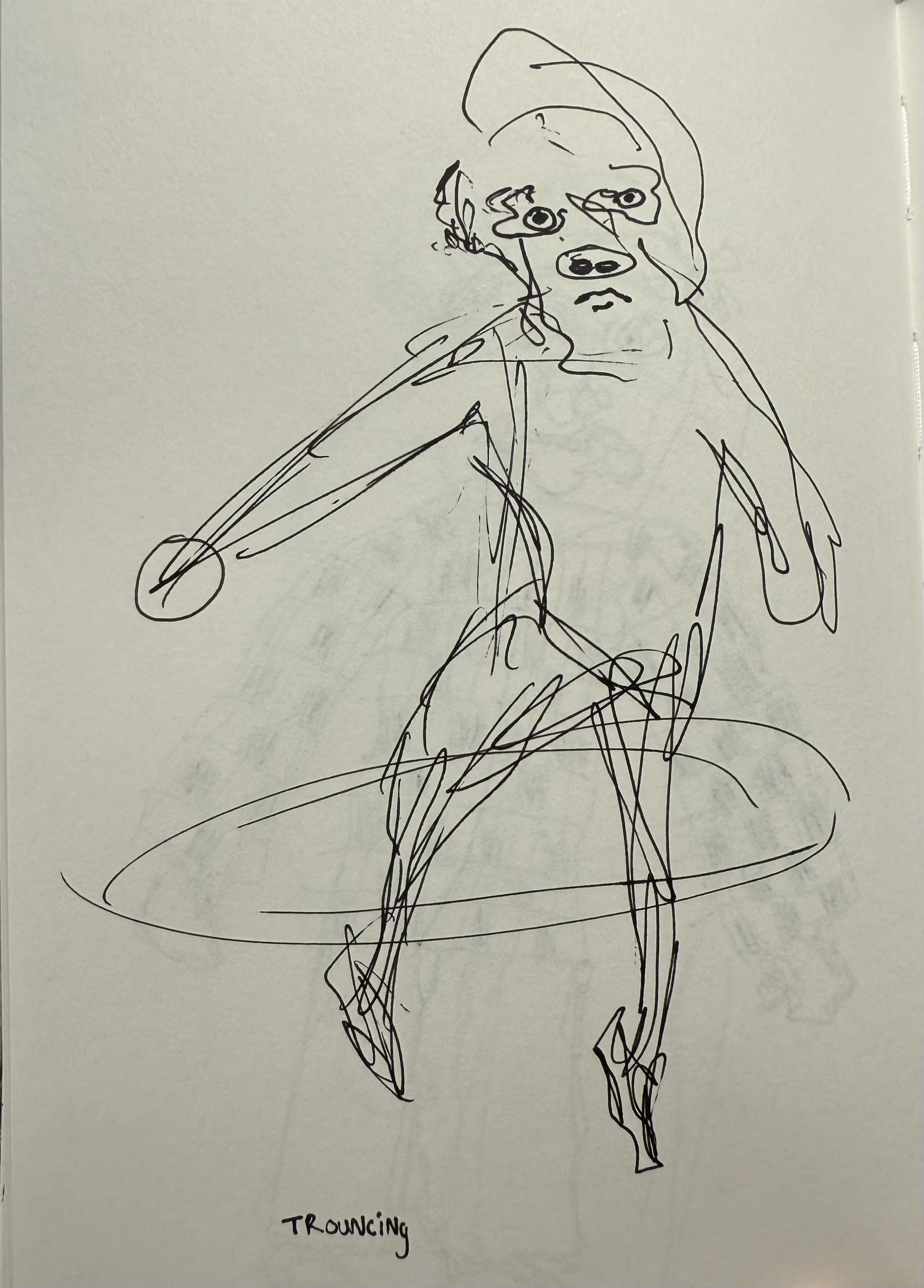 A black ink sketch of a person dancing, with the word "TROUNCING" written below.