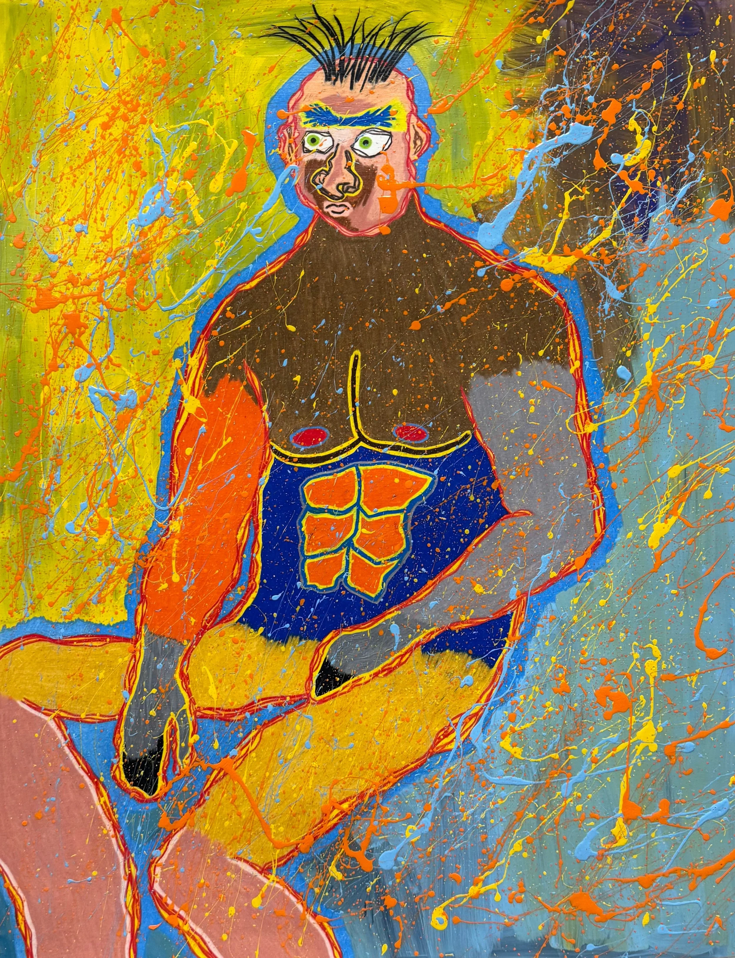 A colorful abstract painting with a central figure of a muscular male superhero with green eyes, a painted face, and a blue and orange costume. The background is filled with splattered paint in yellow, orange, blue, and black.