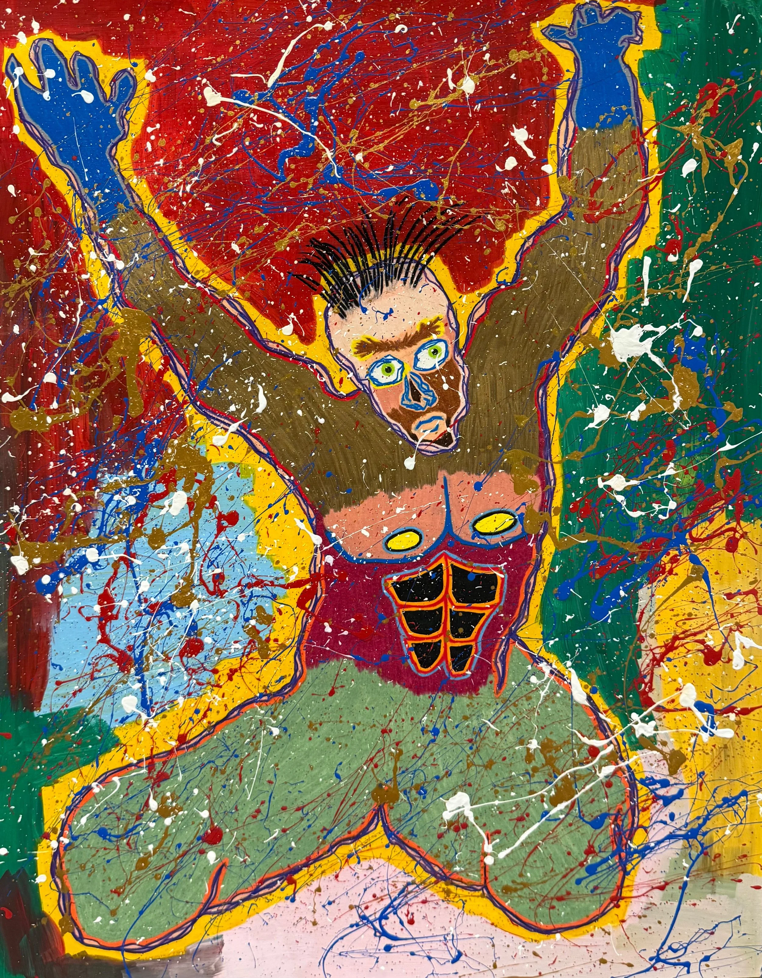 A colorful abstract painting featuring a central figure with a human face and outstretched arms, surrounded by splattered paint in red, blue, white, gold, and other colors, with a splash of green and pink background.