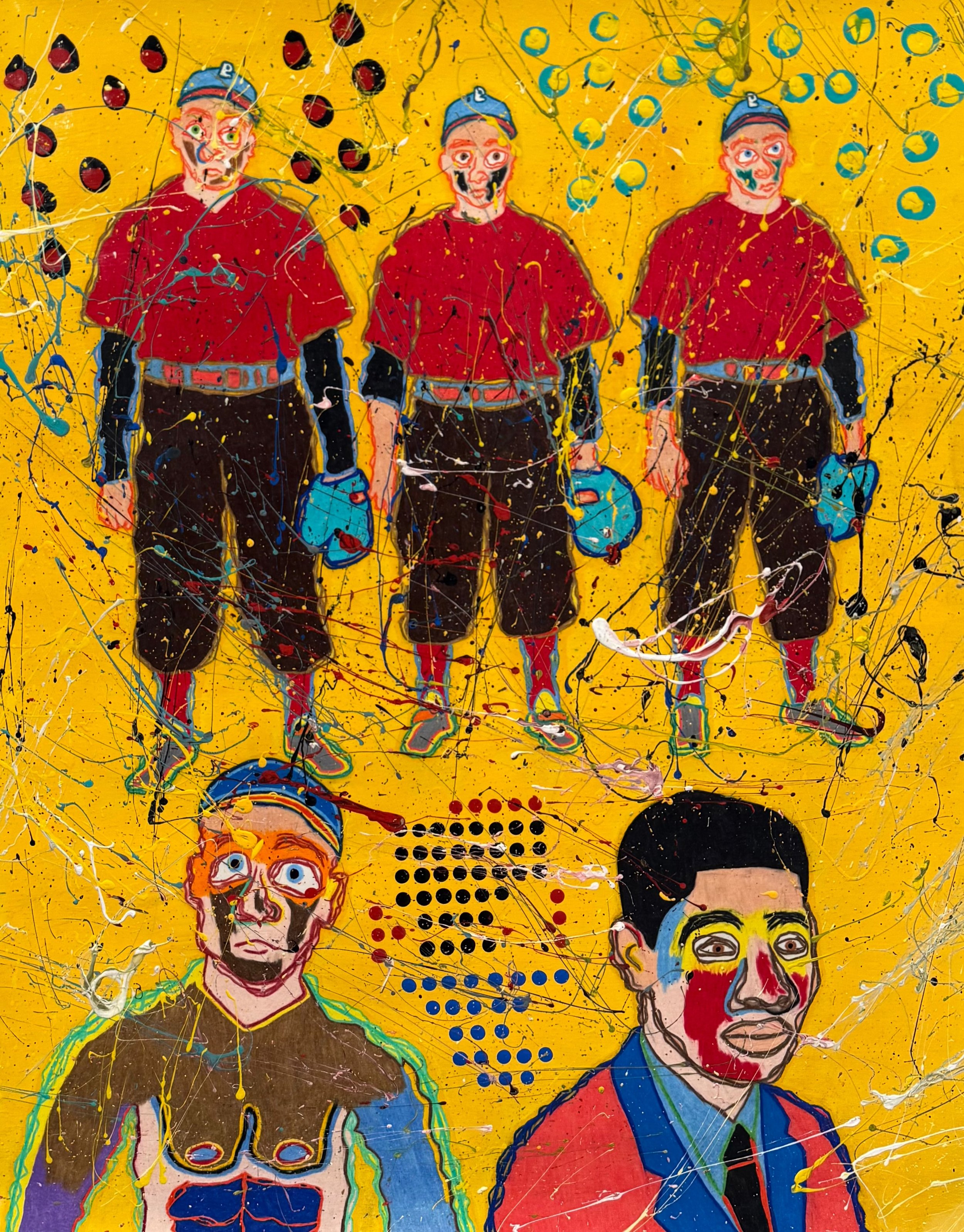 A colorful abstract painting of six people with exaggerated facial features, wearing red shirts, with a yellow background splattered with black, blue, and white paint. The figures are outlined in black and have expressive faces, some with wide eyes and open mouths, and one holding a blue cap.