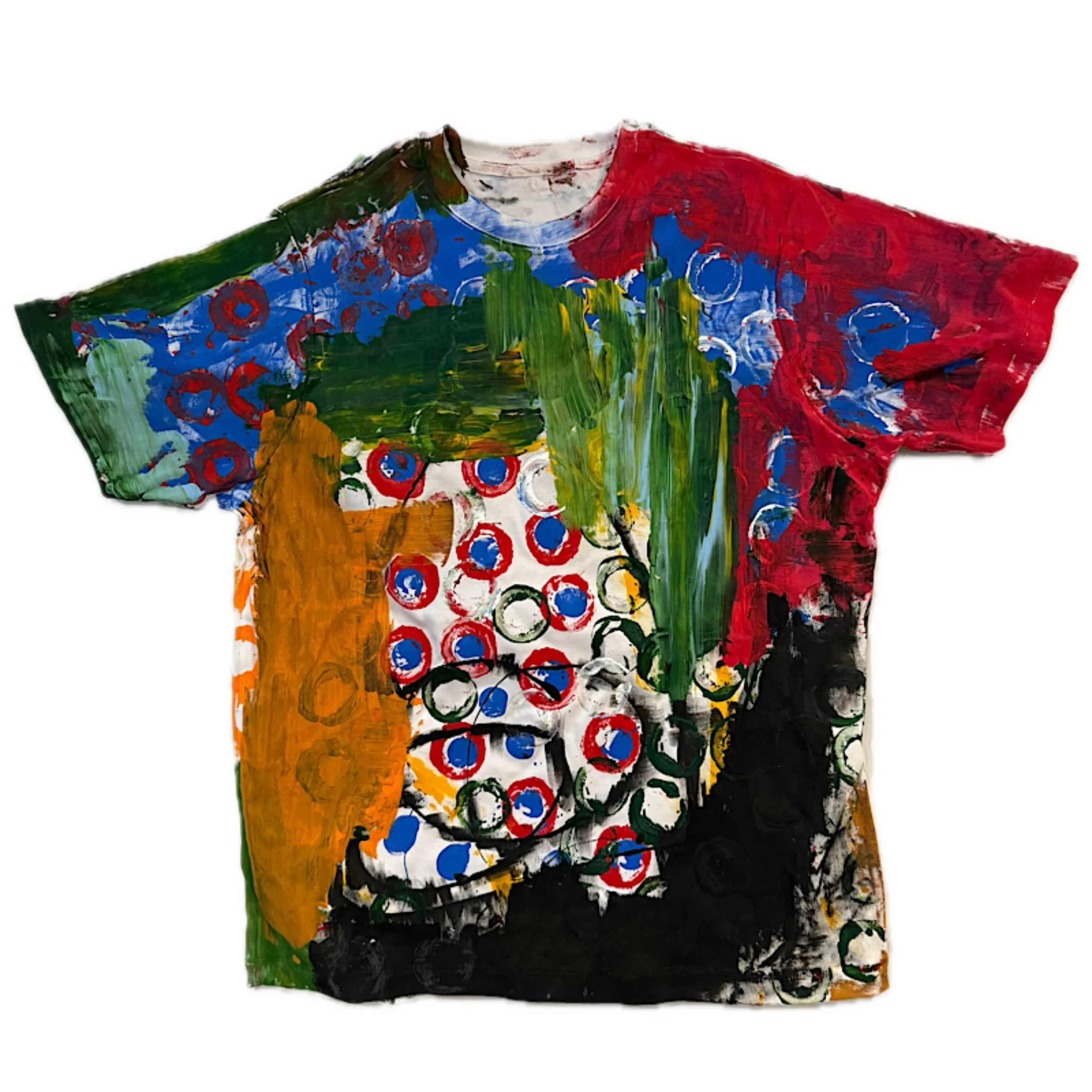 Painting of a colorful shirt with abstract and polka dot patterns using vibrant red, green, blue, yellow, black, and white colors.