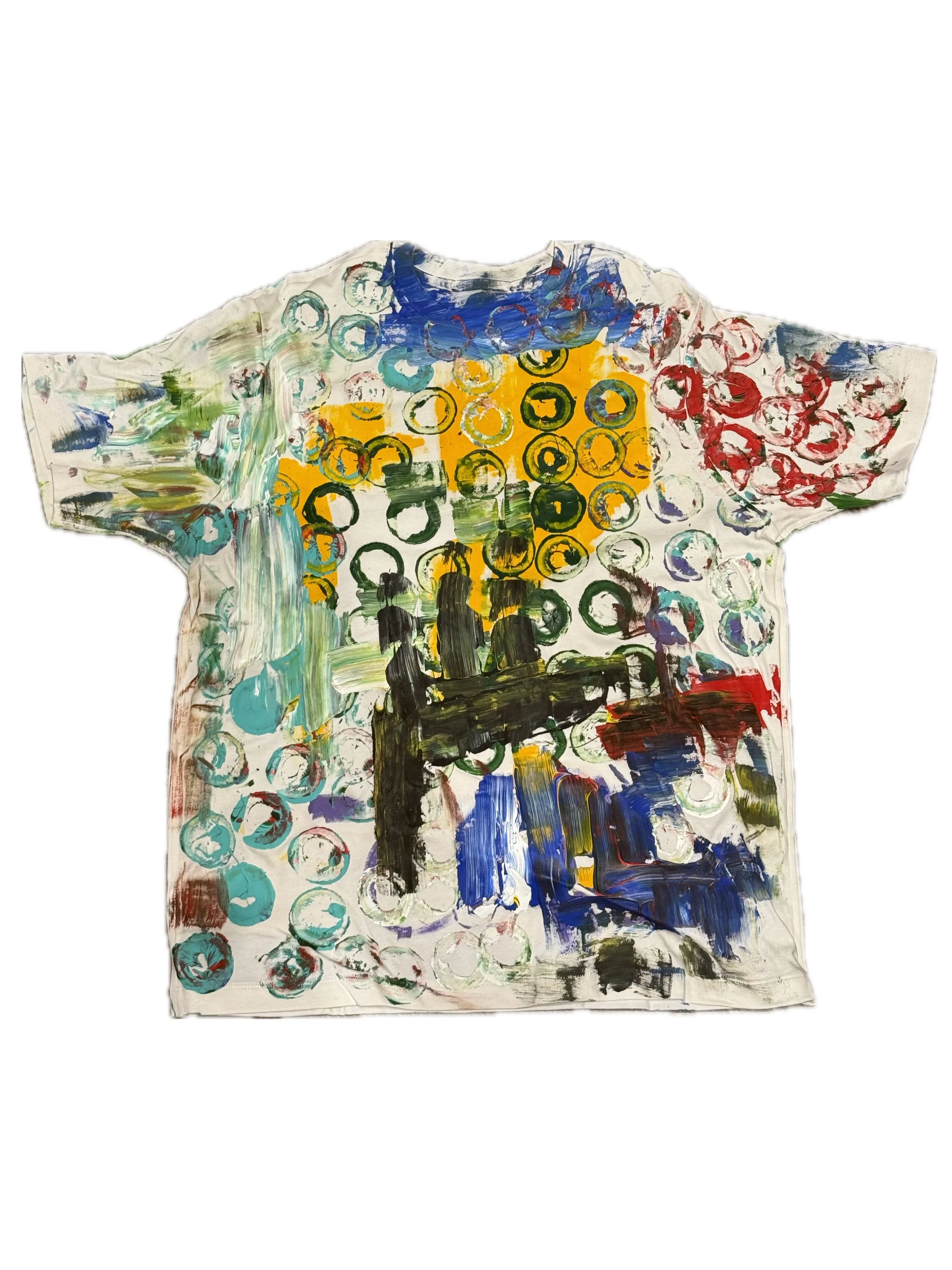 Painted T-shirt with colorful abstract design, including yellow, red, blue, green, black, and white strokes and circular patterns.