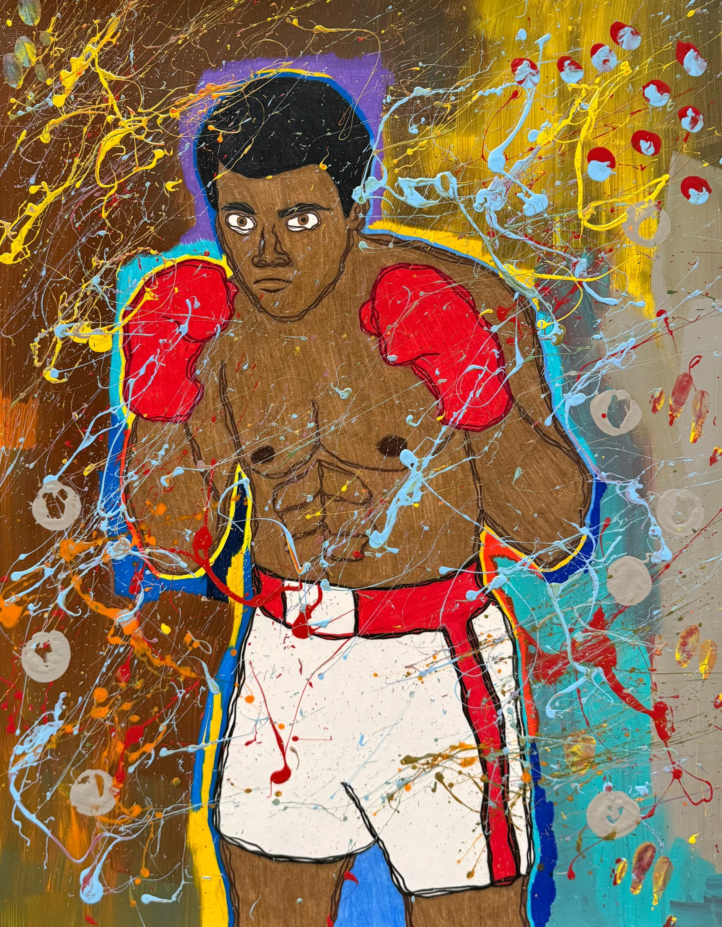 Abstract painting of a male boxer with gloves, surrounded by colorful splashes of paint in yellow, blue, red, and white.