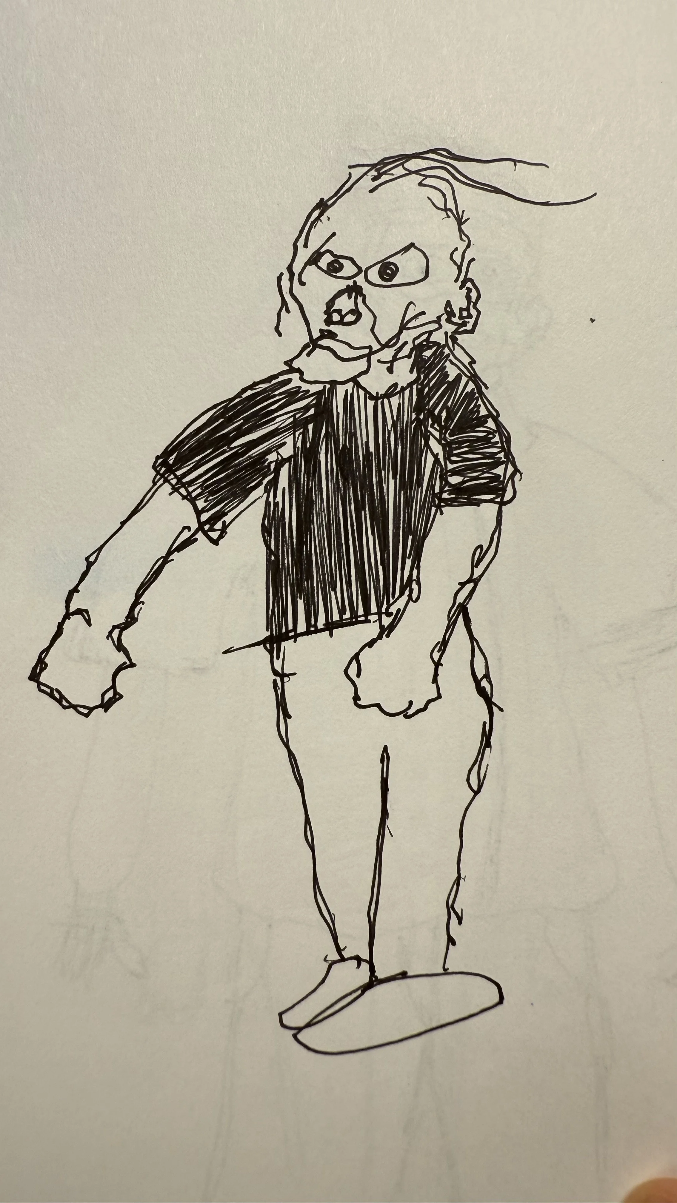 A black and white line drawing of a person with exaggerated facial features, wearing a shirt and pants, standing on a small platform.
