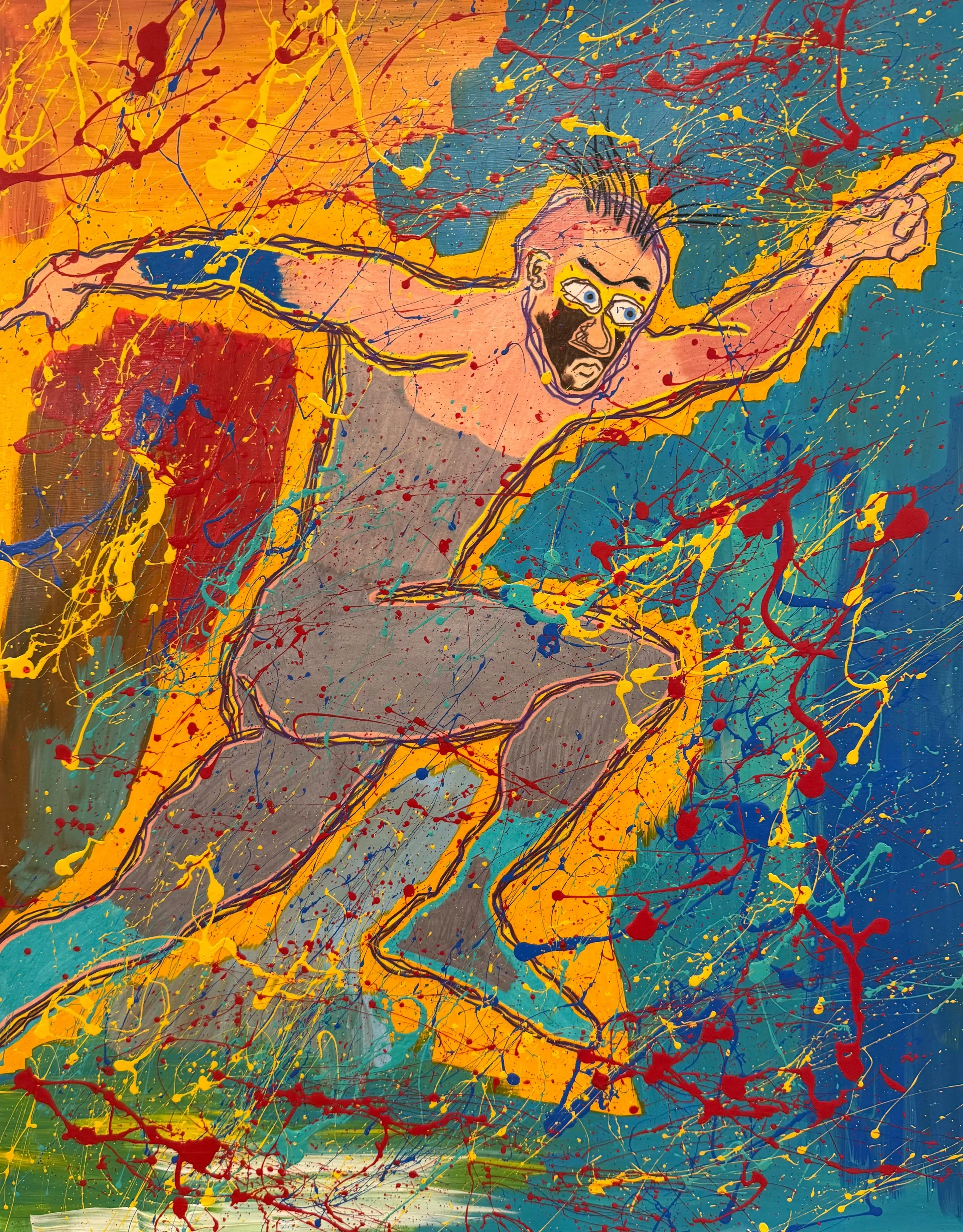 A colorful abstract painting resembling a popular superhero, with splashes of yellow, red, blue, and green paint. The outline of a person with outstretched arms is illustrated with expressive brushstrokes and vibrant splatters.