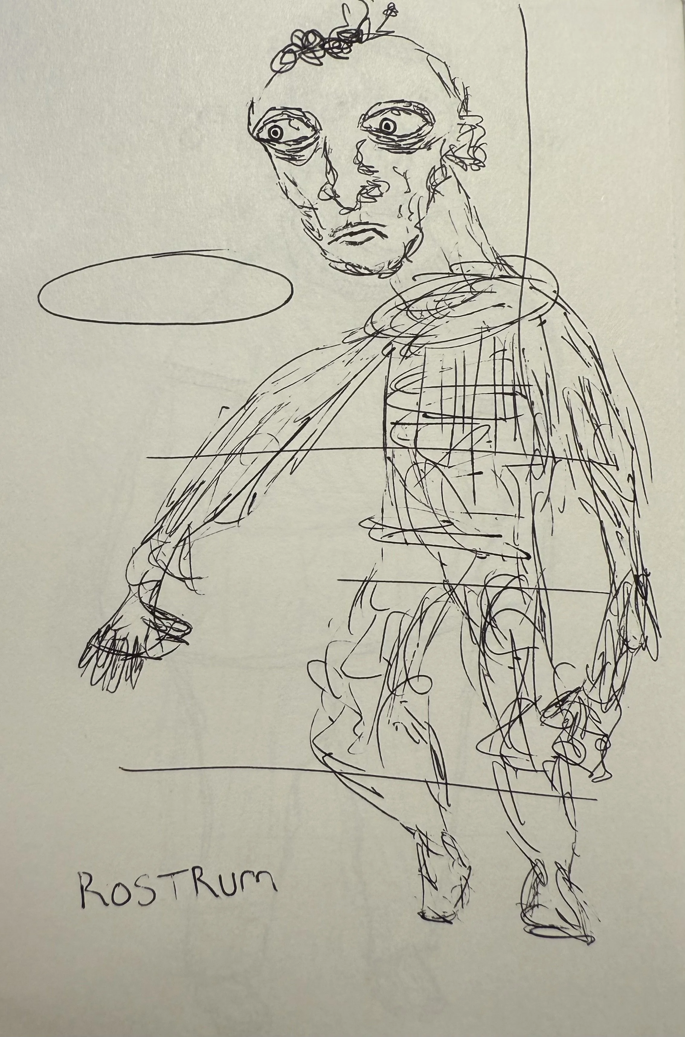 A sketch of a person, possibly a soldier, in a uniform with the words 'ROSTRUN' and 'ROSTRUM' written below. The person has a serious expression with detailed facial features and appears to be holding or resting their arm on something.