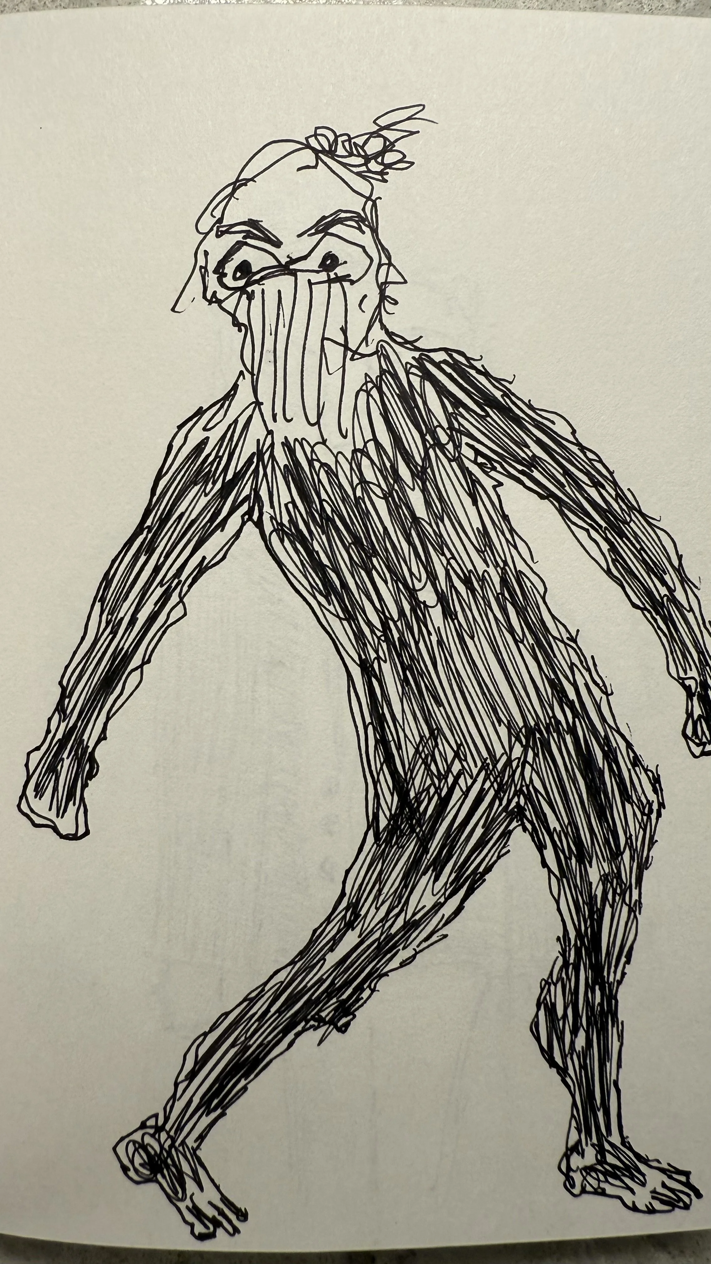 A black ink sketch of a person in motion, with curly hair, wearing a coat and pants, with one arm extended forward and one leg stepping.
