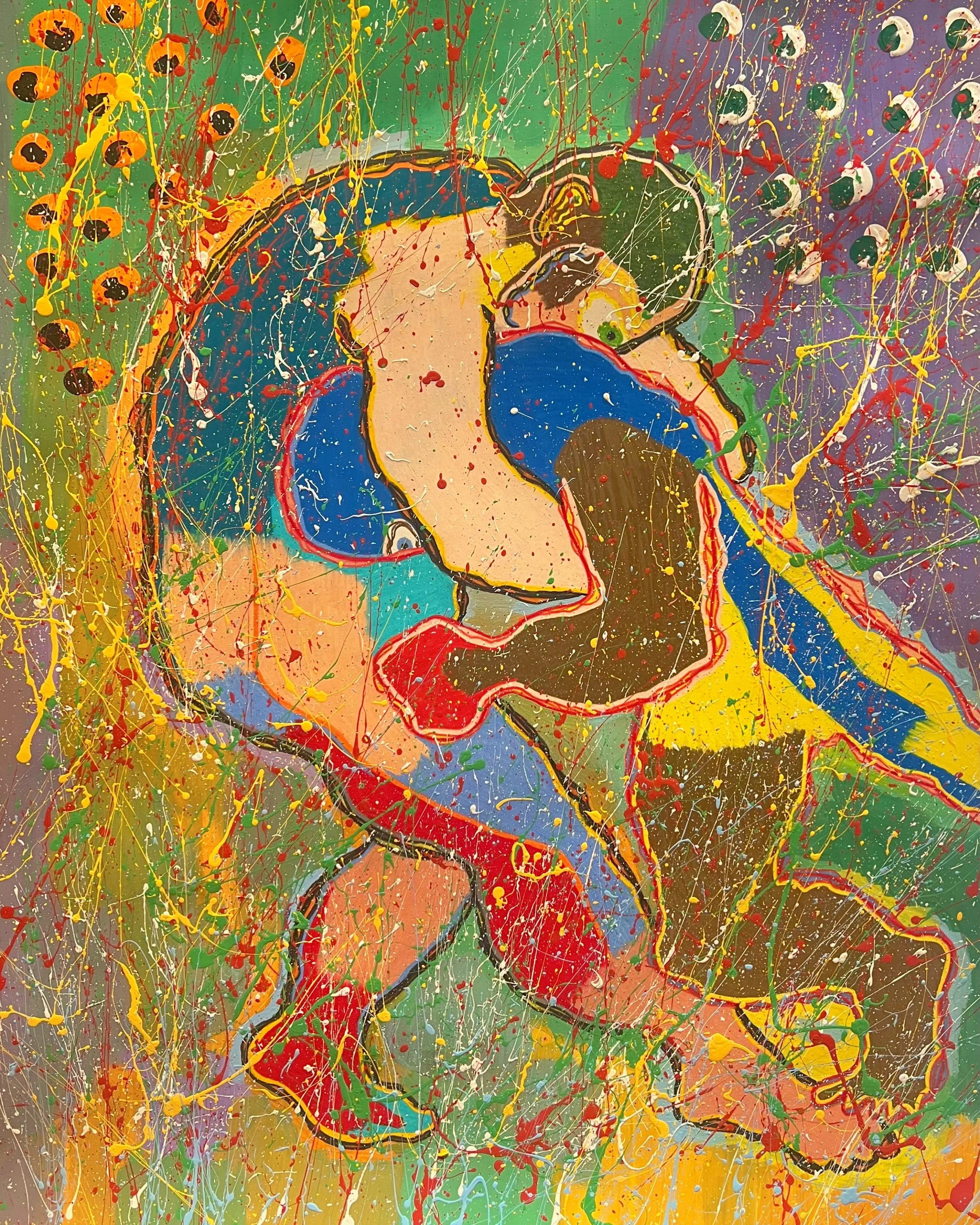 Abstract splash painting with colorful drips and splatters in various colors, including green, yellow, red, blue, purple, black, and white, forming a lively and chaotic composition.